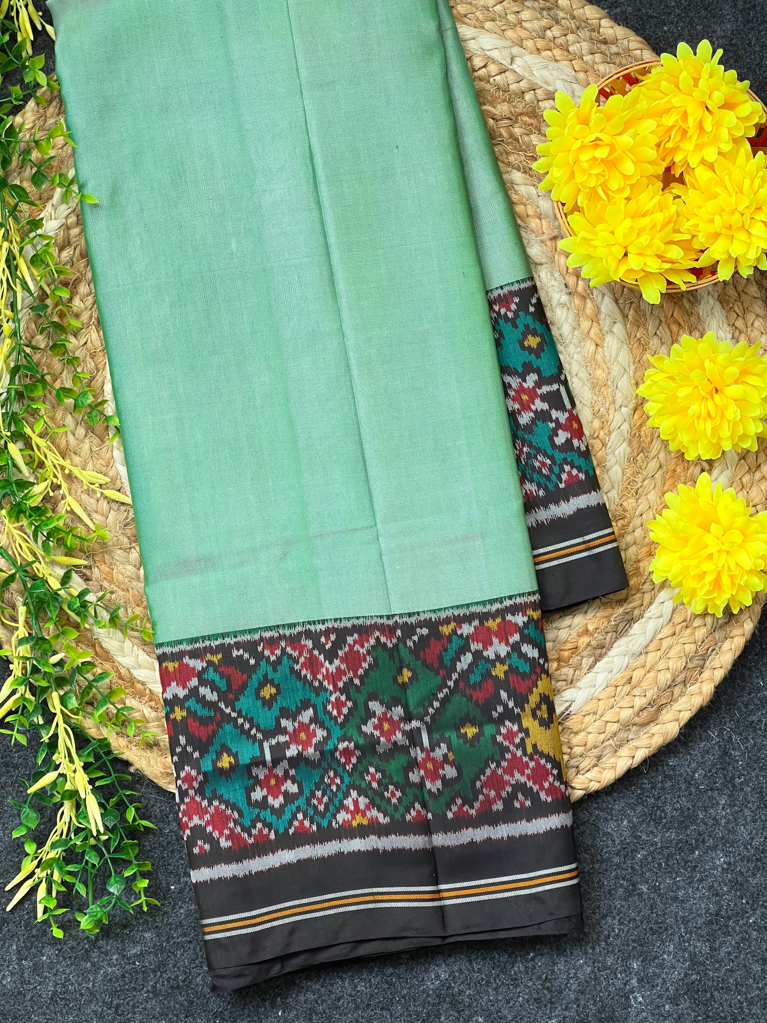 Pista Plain Gala Border With Designer Blouse  Handwoven Patola Silk Saree