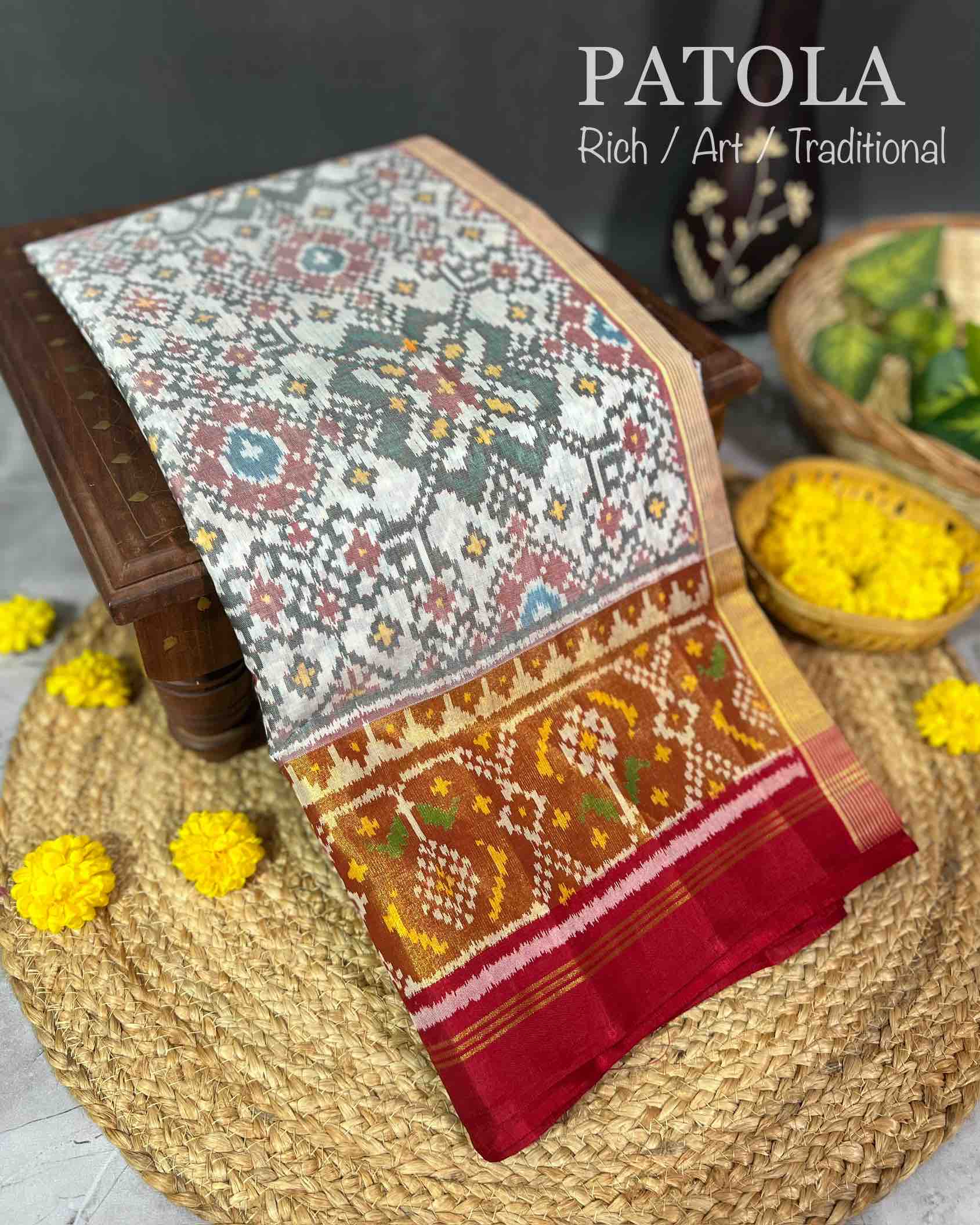 Handwoven Patola Silk Saree Navratna White Main image