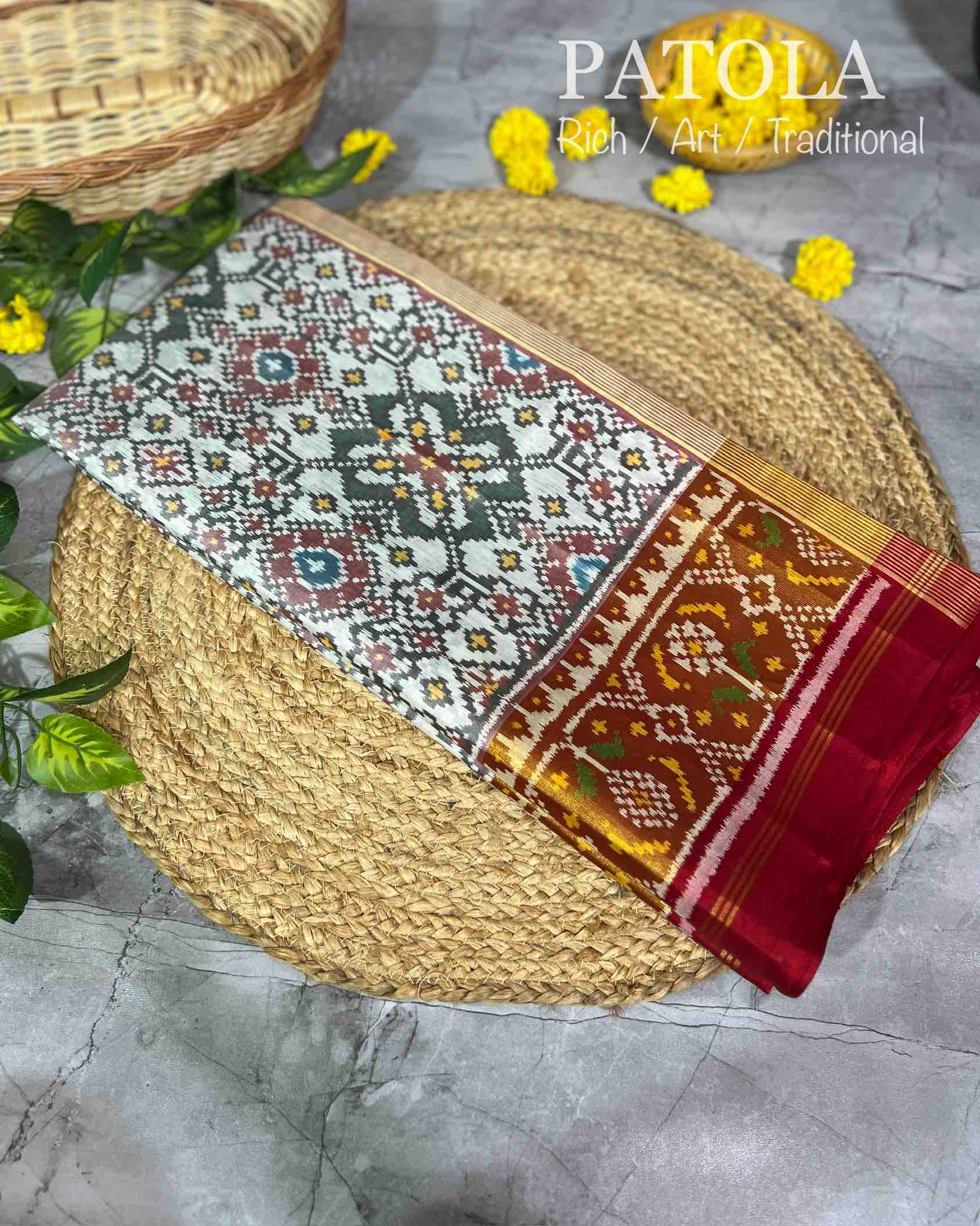 Handwoven Patola Silk Saree Navratna White