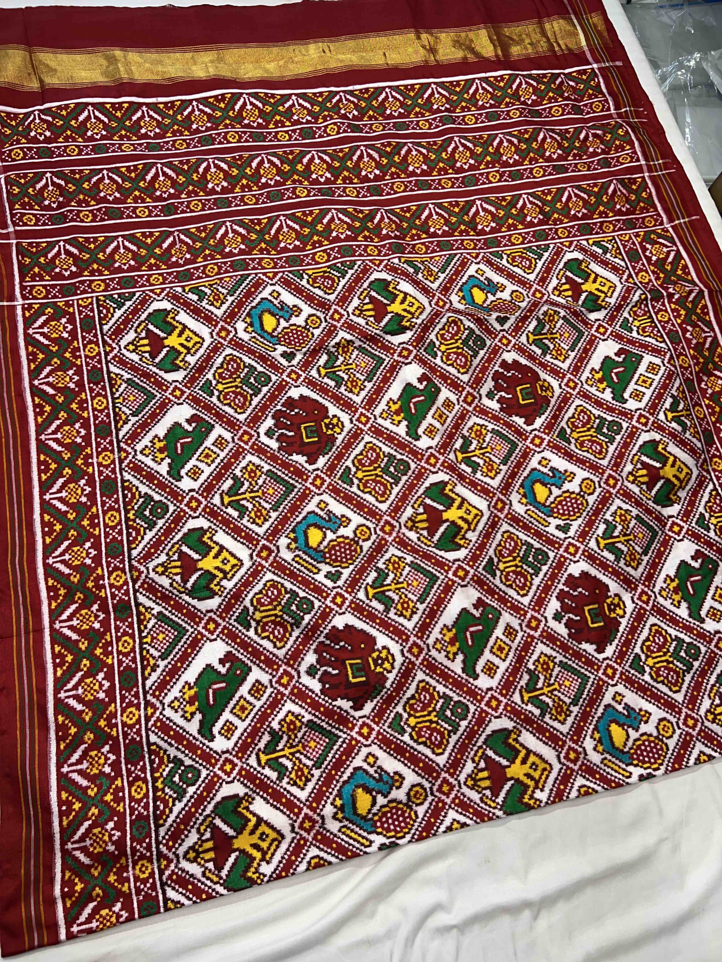 Handwoven Double Ikat Patola Silk Saree Adtala White