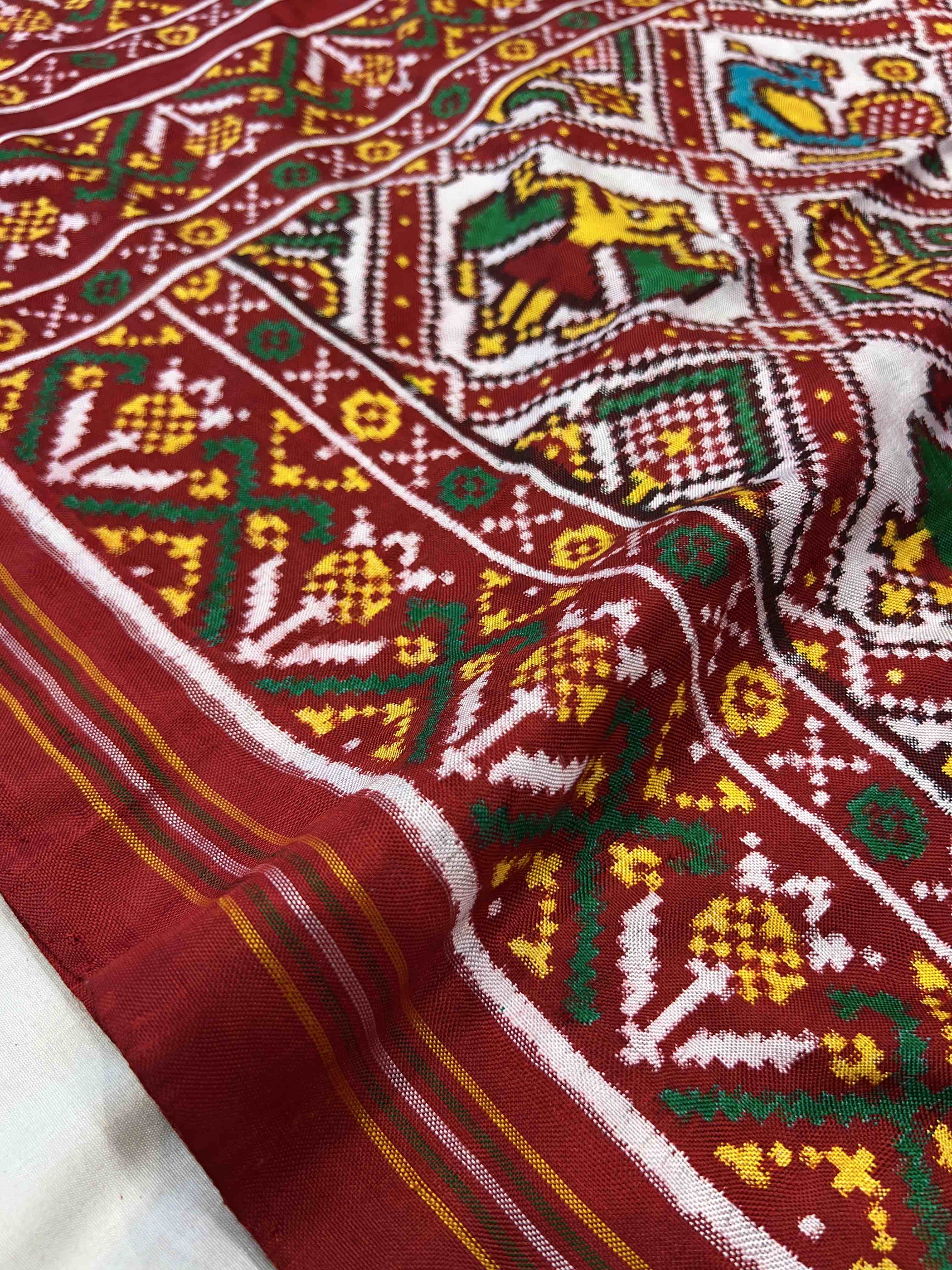 Handwoven Double Ikat Patola Silk Saree Adtala White