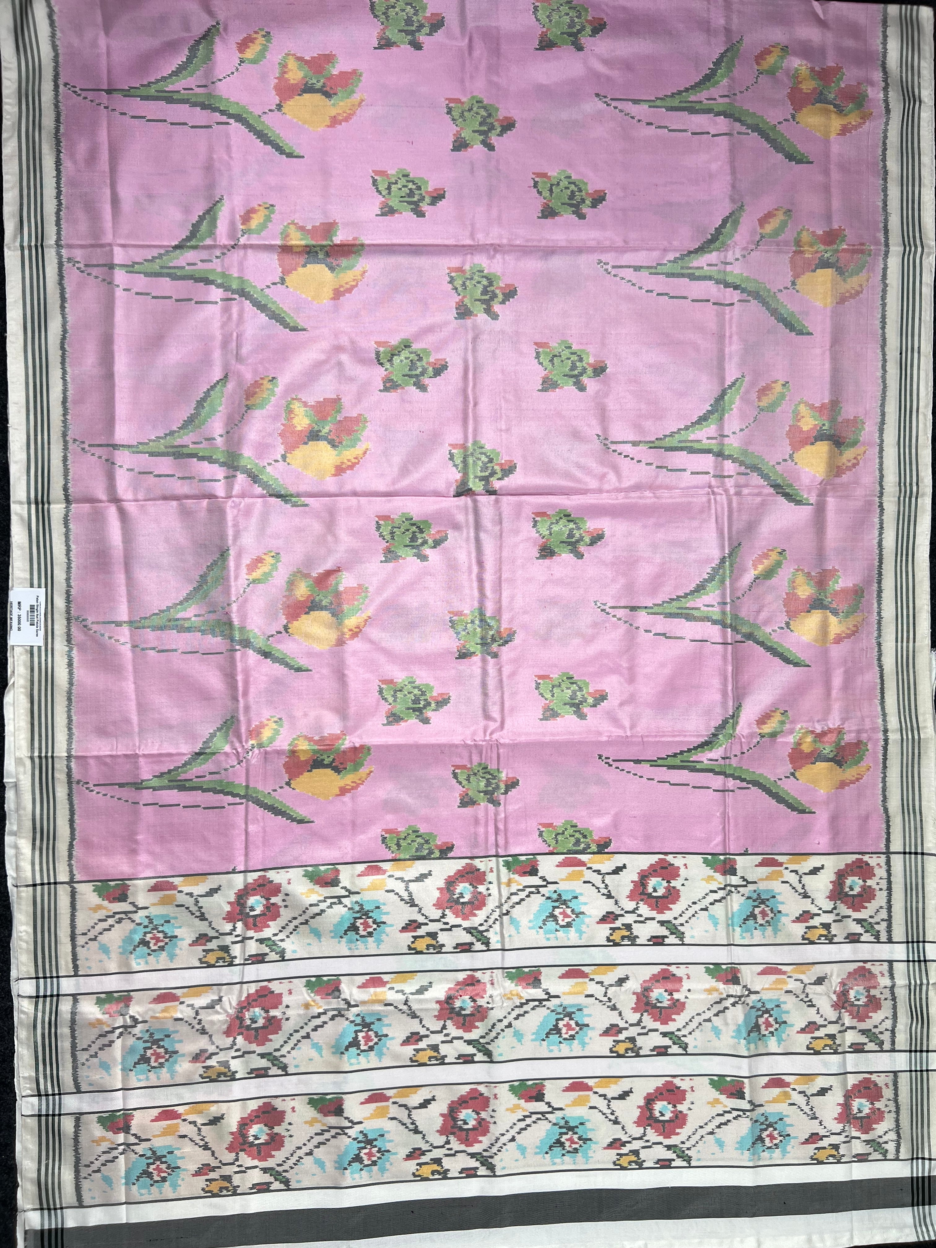 Pastel Pink Flower Design Handwoven Patola Silk Saree