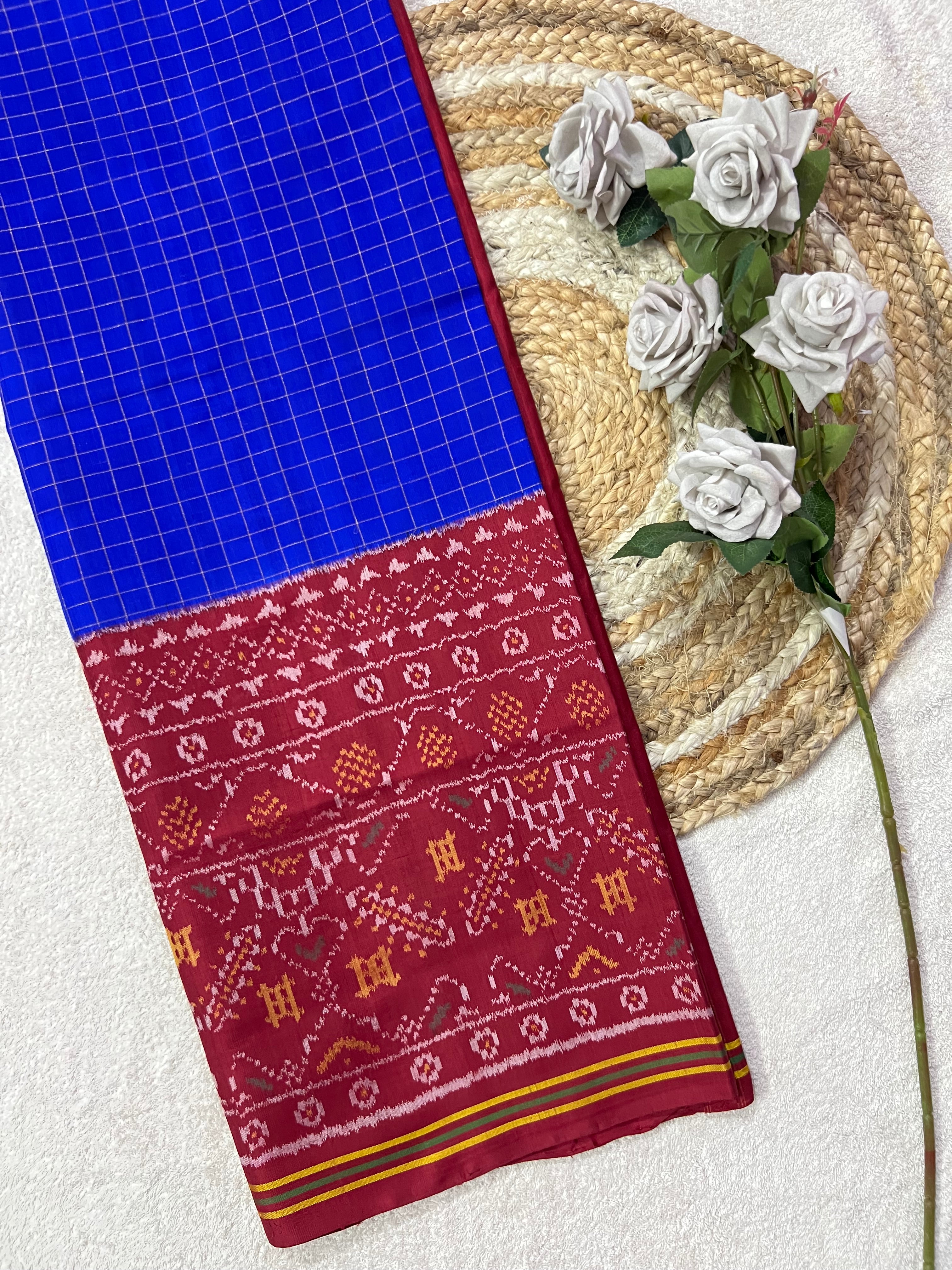 Blue Chex With Skirt Border Handwoven Patola Silk Saree
