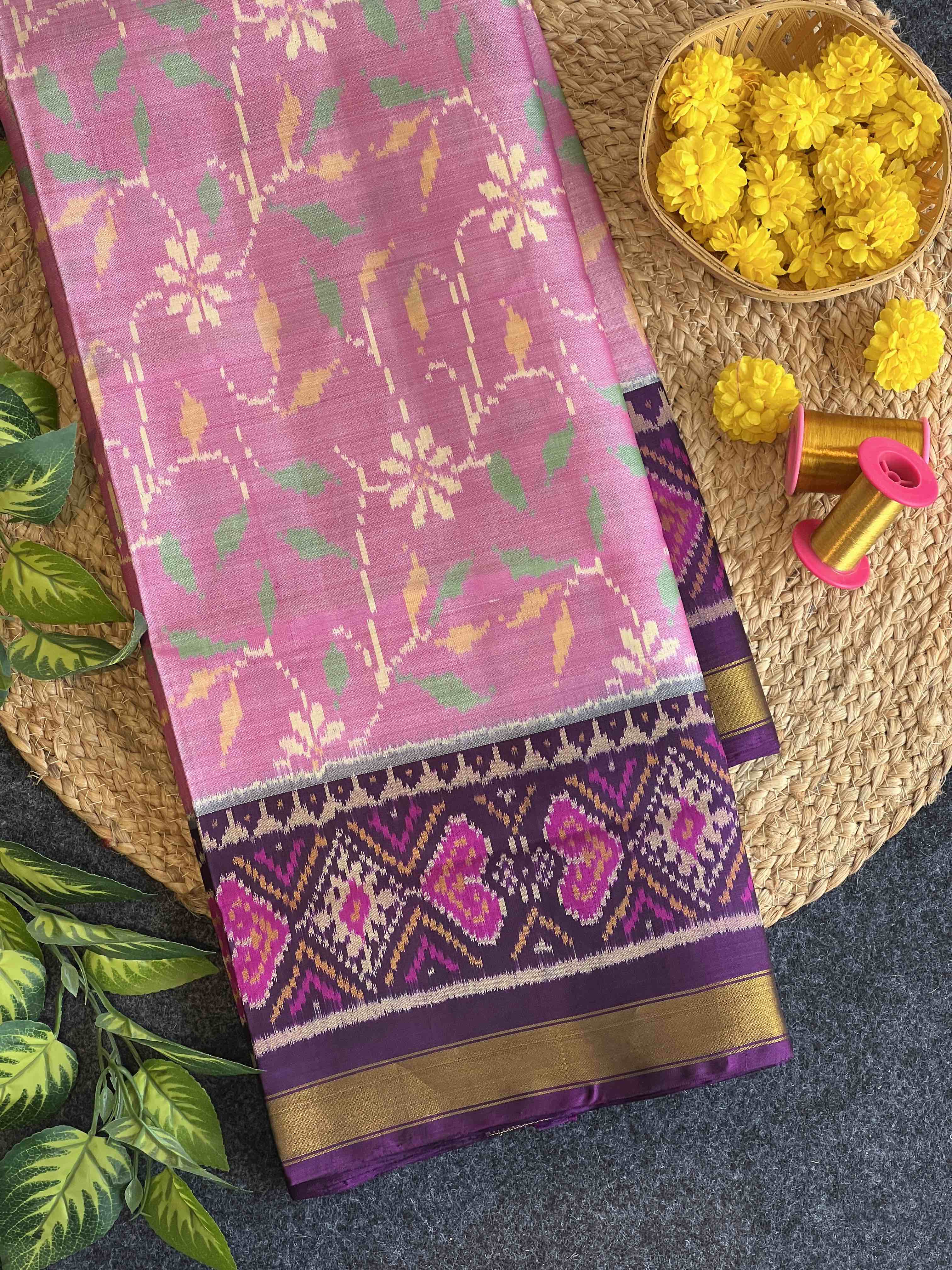 Baby-pink and purple Fancy Design Handwoven Patola Silk Saree