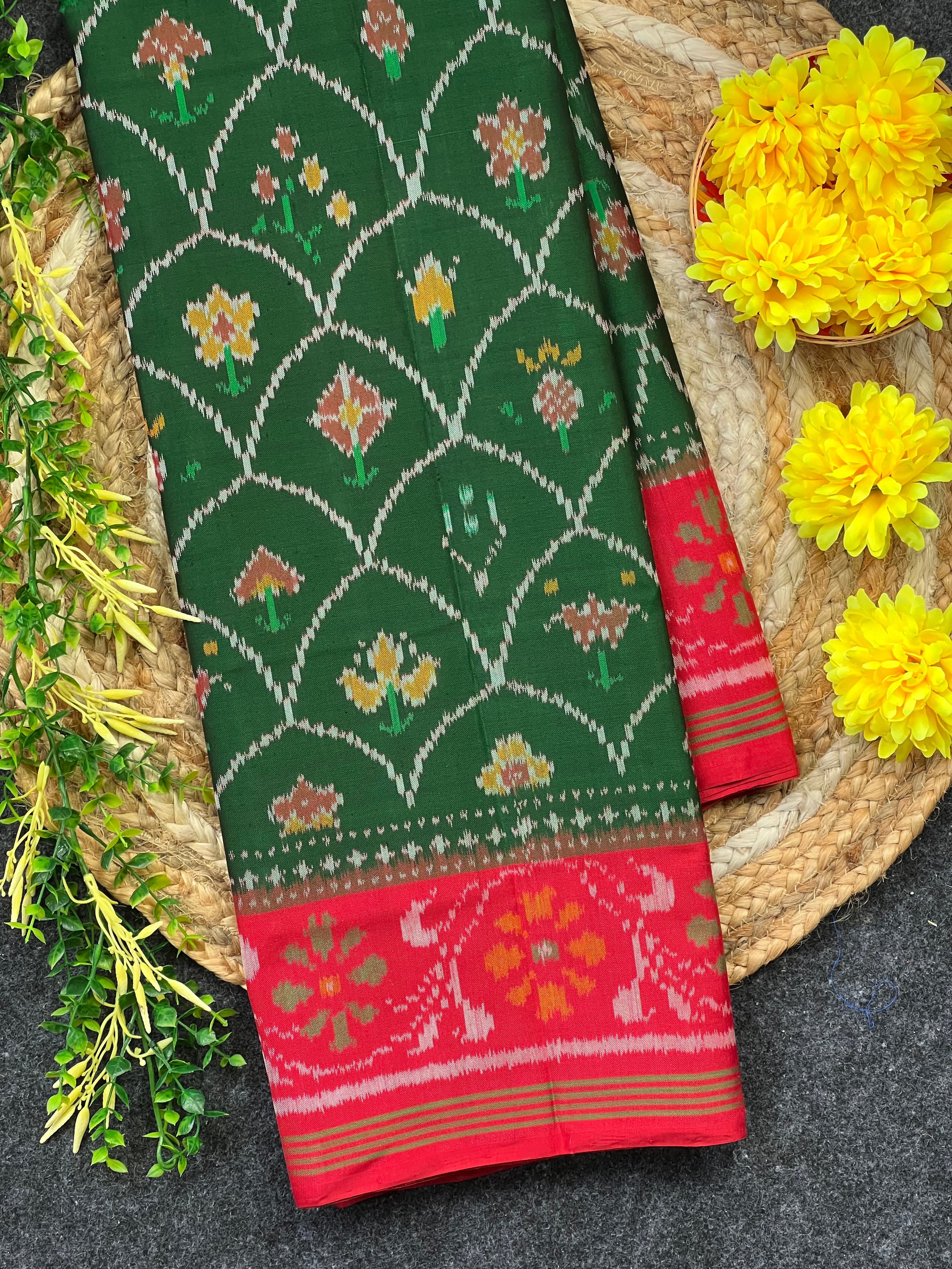Fancy Design Red-Green Handwoven Patola Silk Saree