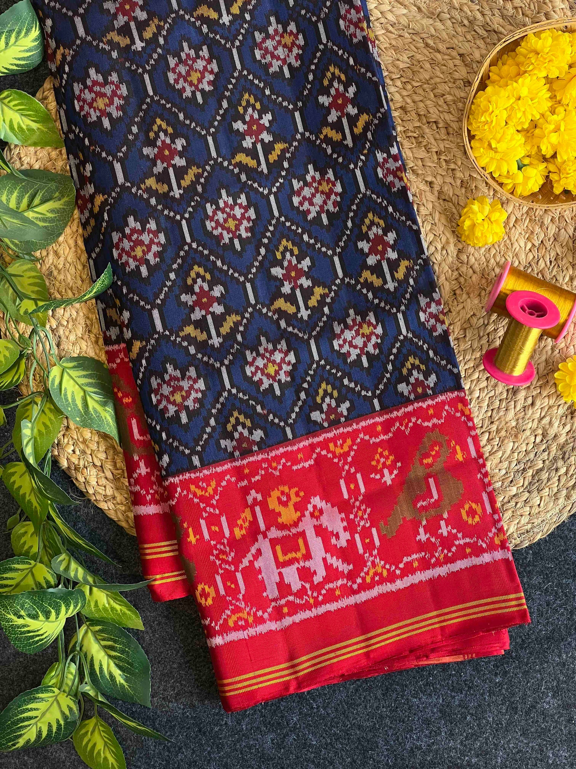 Blue and Red Flower Design Handwoven Patola Silk Saree Main image