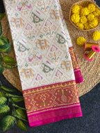White Narikunj with Pink Pallu Traditional Design Handwoven Patola Silk Saree