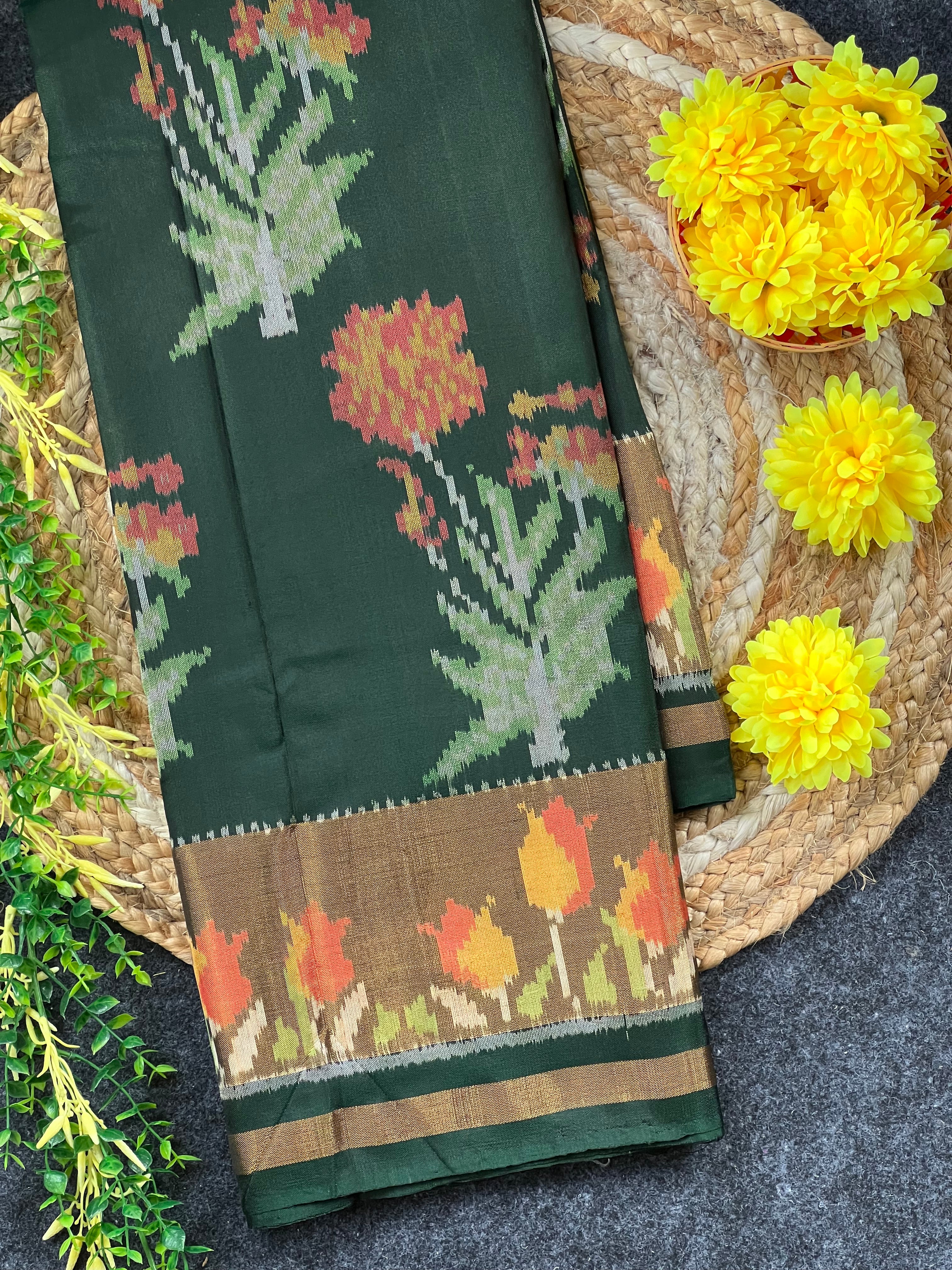 Bottel Green Fancy Design Handwoven Patola Silk Saree