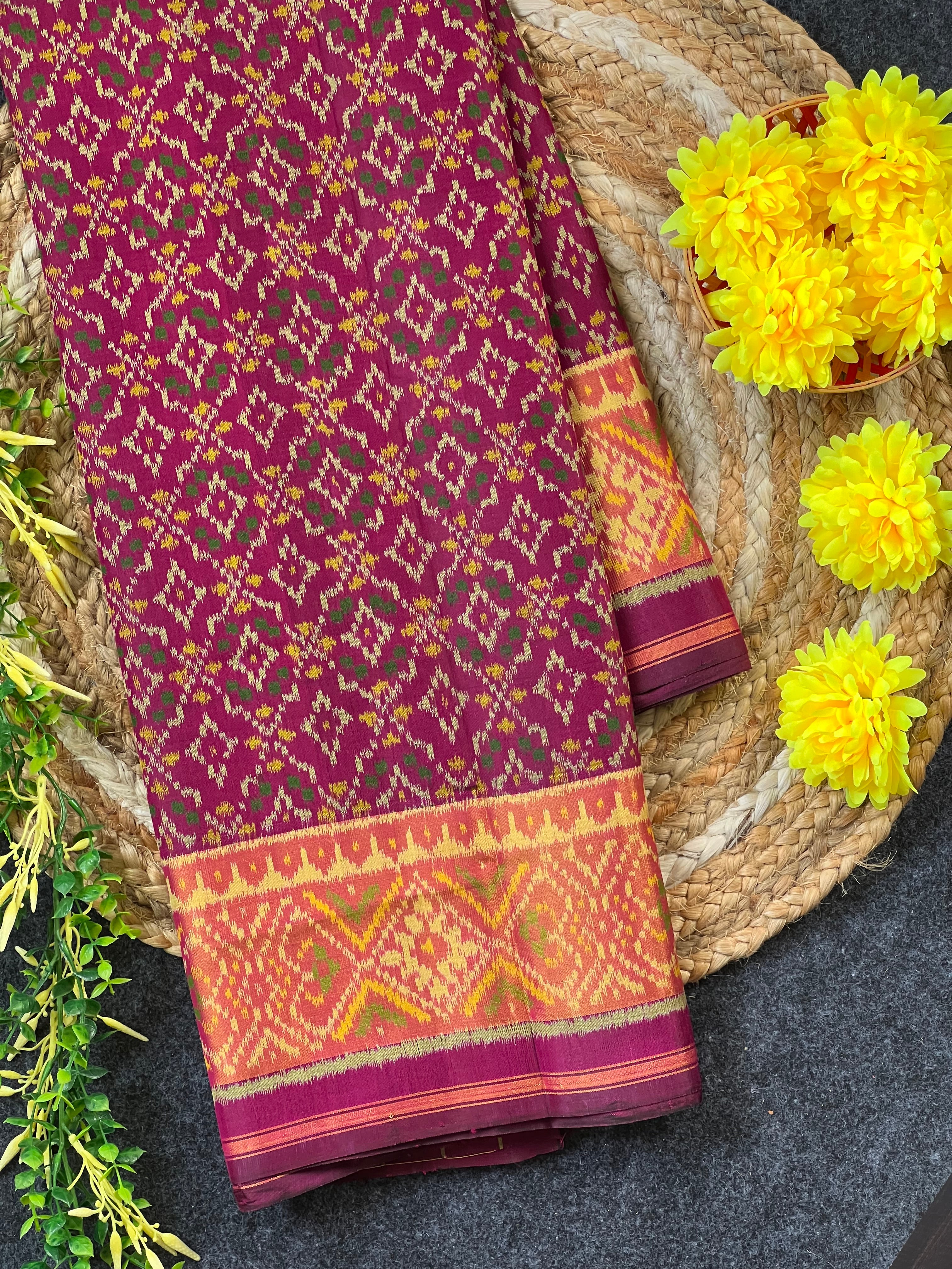 Buttonful Design Wine Color Handwoven Patola Silk Saree Main image
