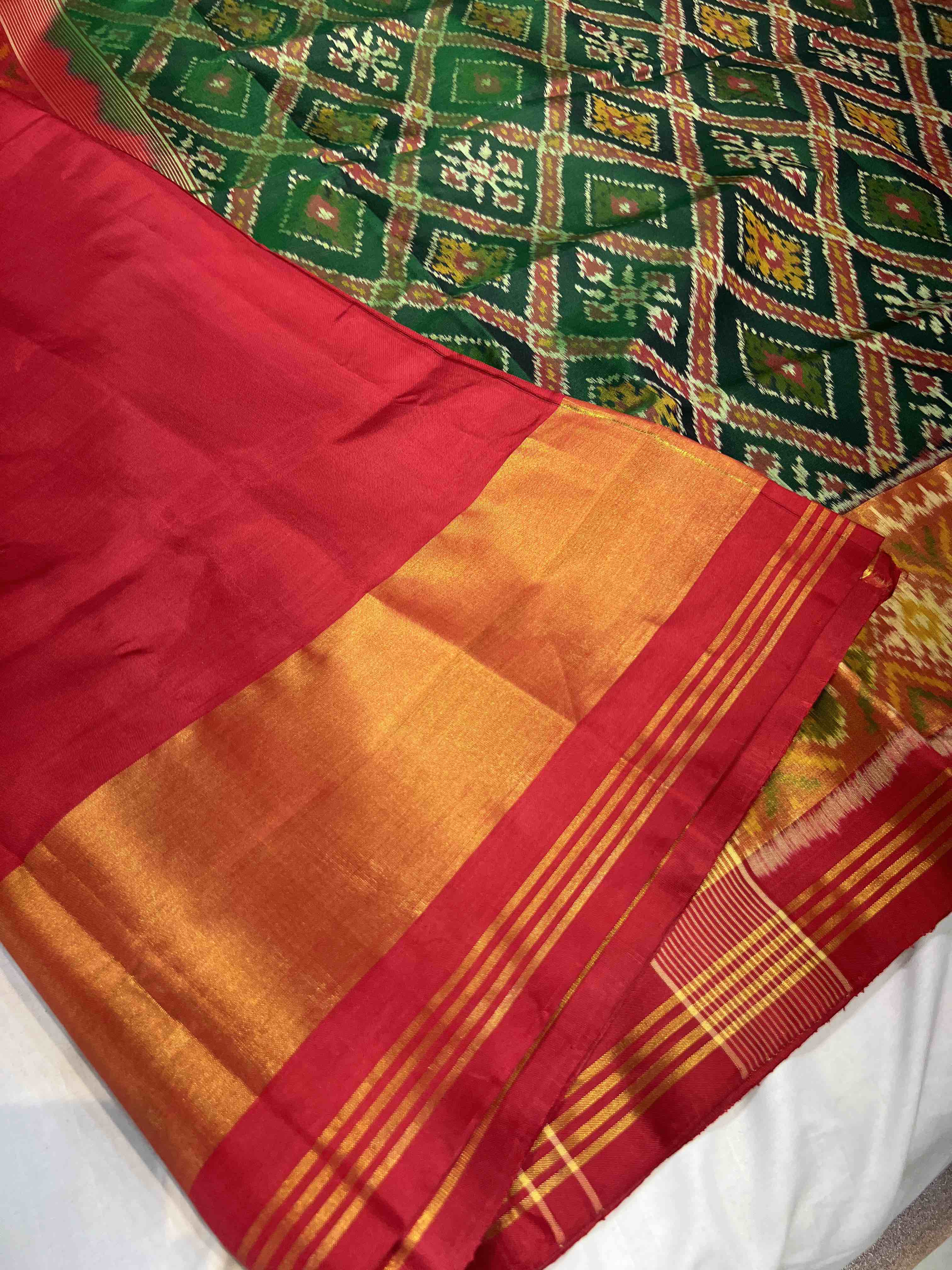 Green and Red Traditional Design Handwoven Patola Silk Saree