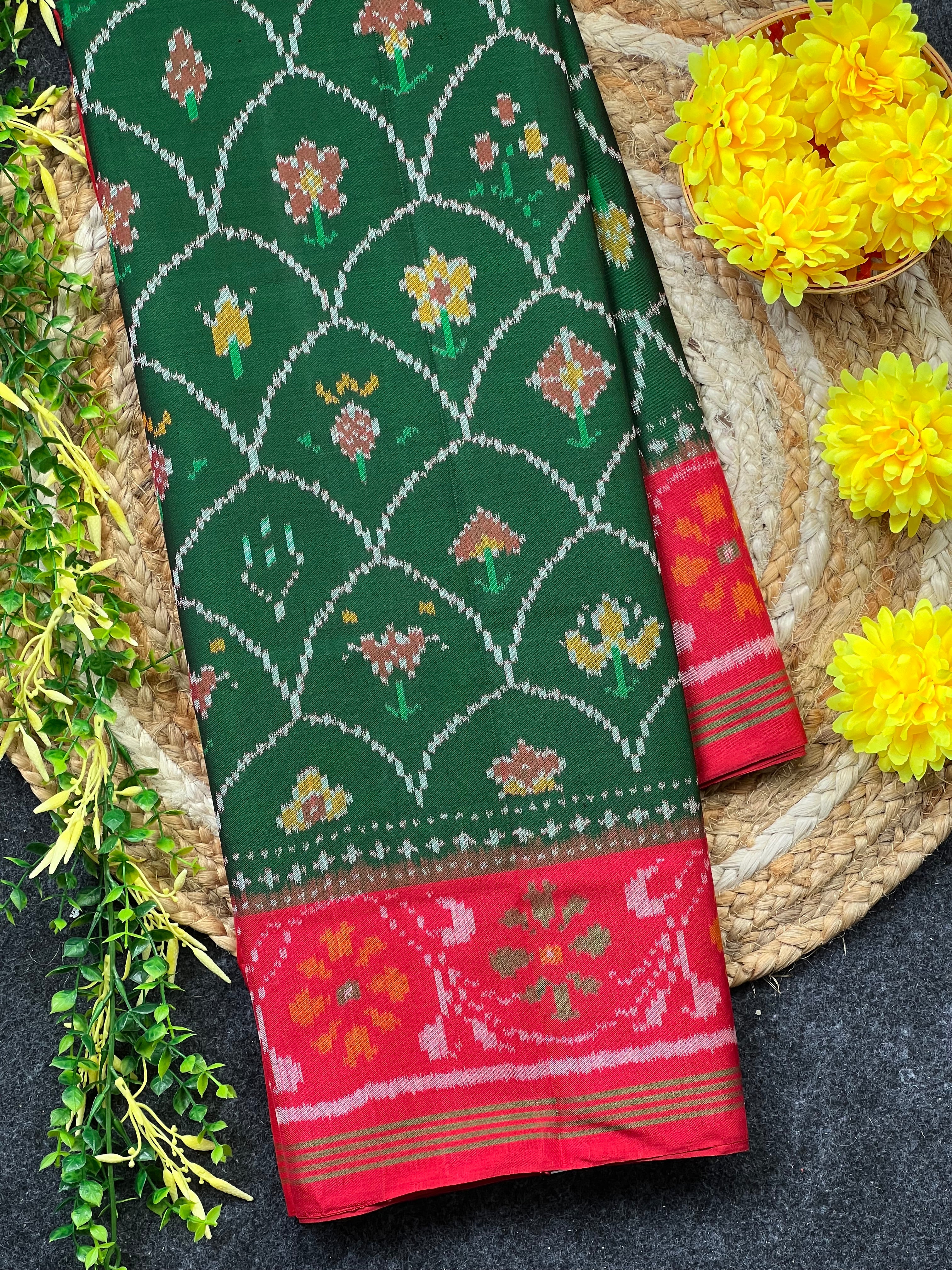 Red-Green Fancy Design Handwoven Patola Silk Saree