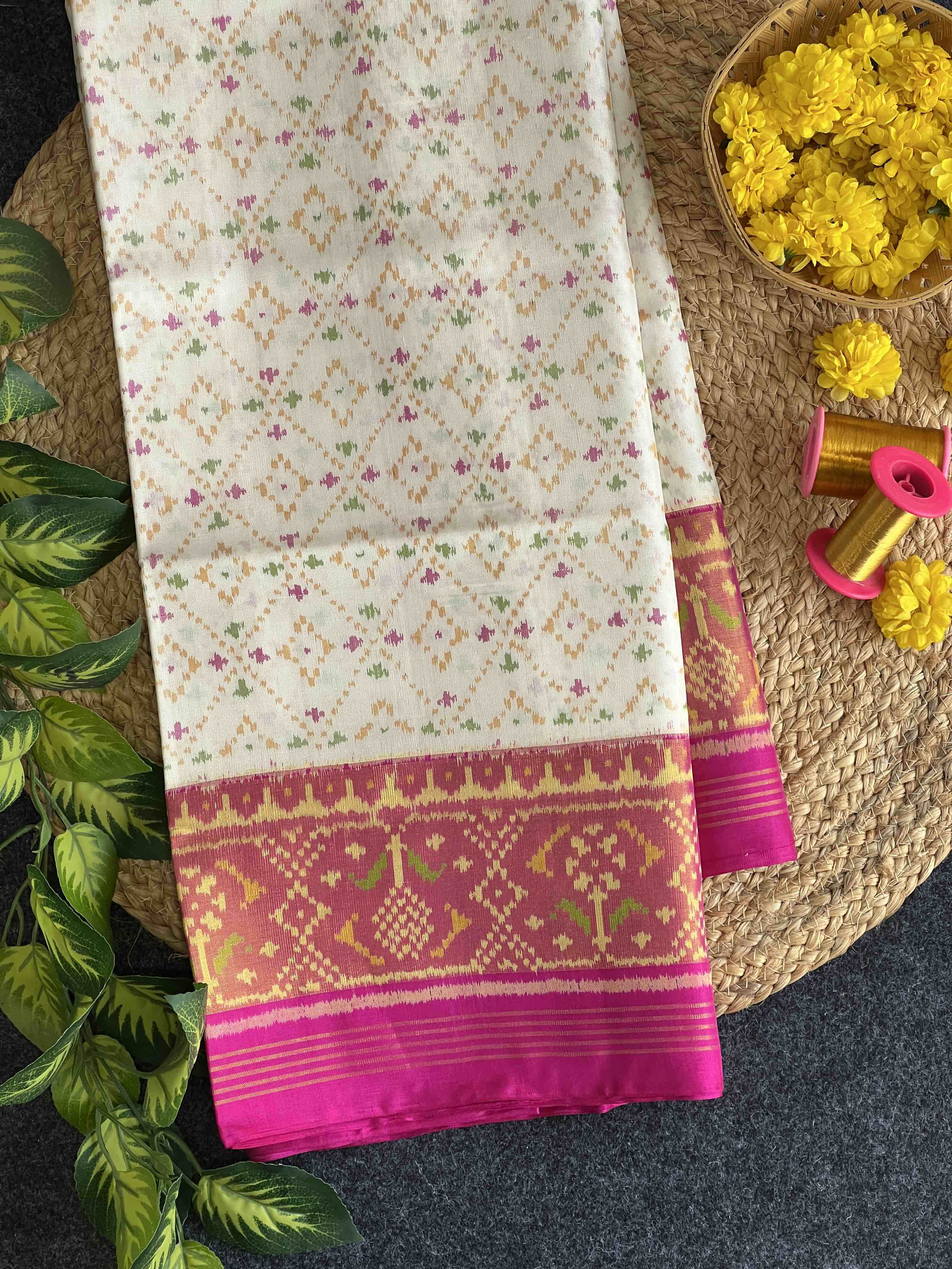 White and Pink Color Handwoven Patola Silk Saree