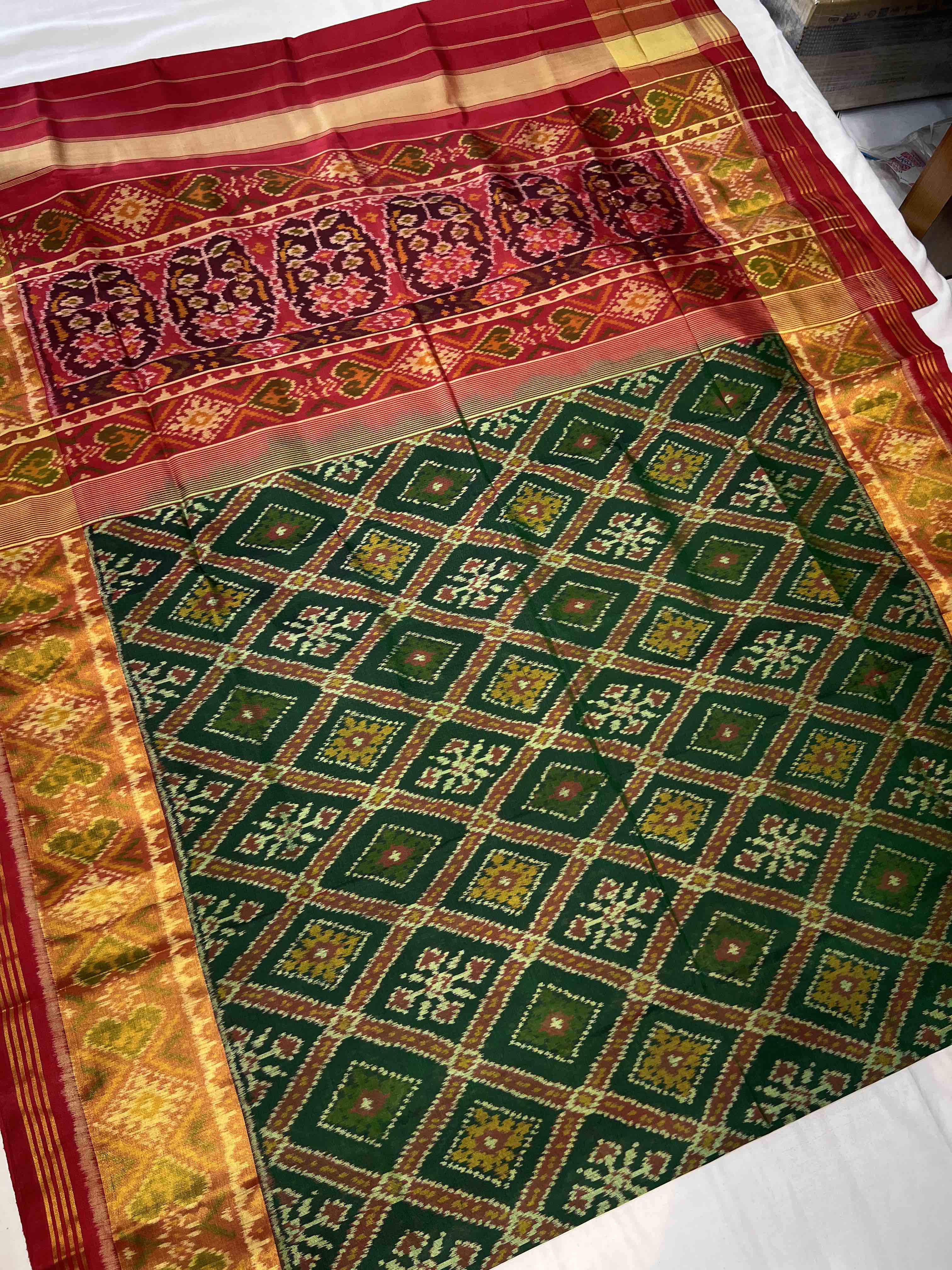 Green and Red Traditional Design Handwoven Patola Silk Saree