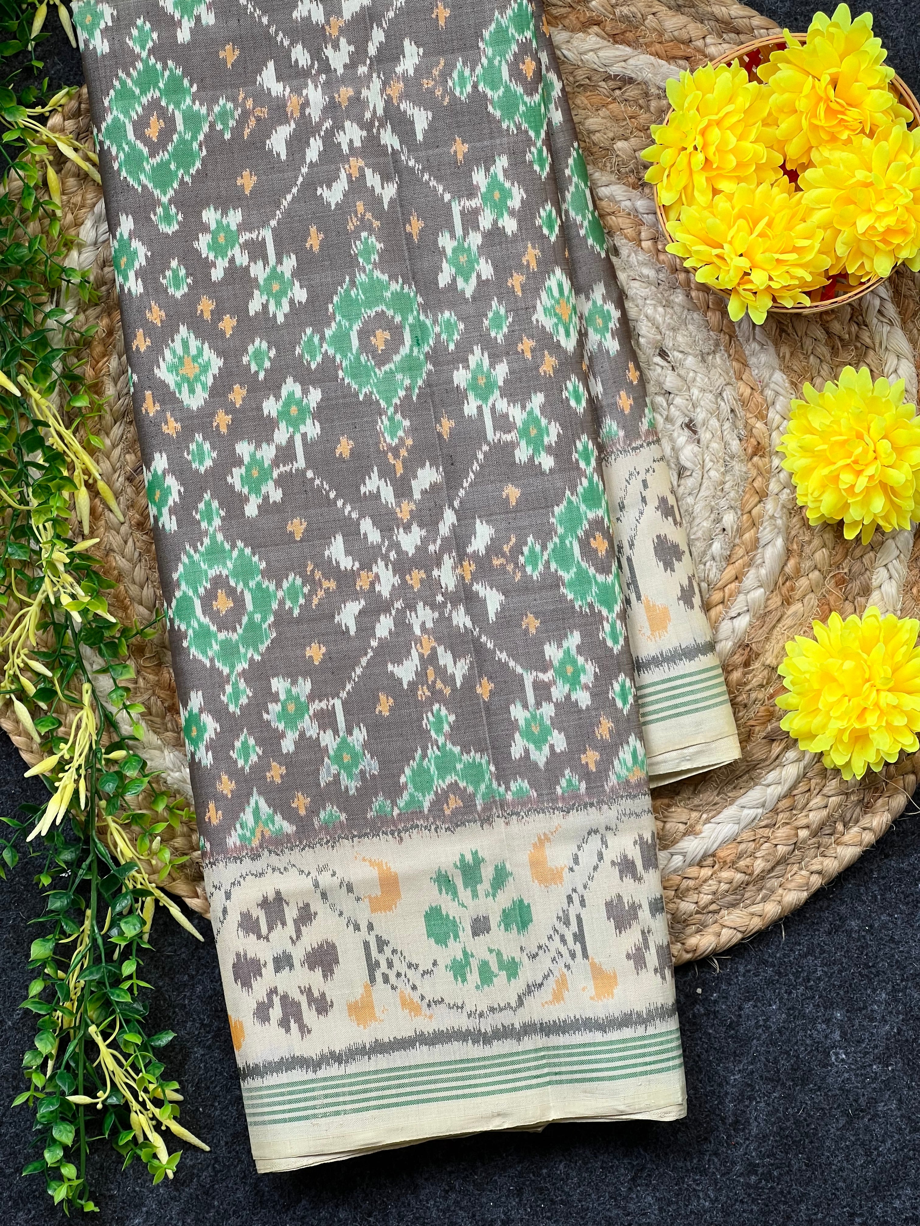 Light Brown Navratna Traditional Design Handwoven Patola Silk Saree Main image