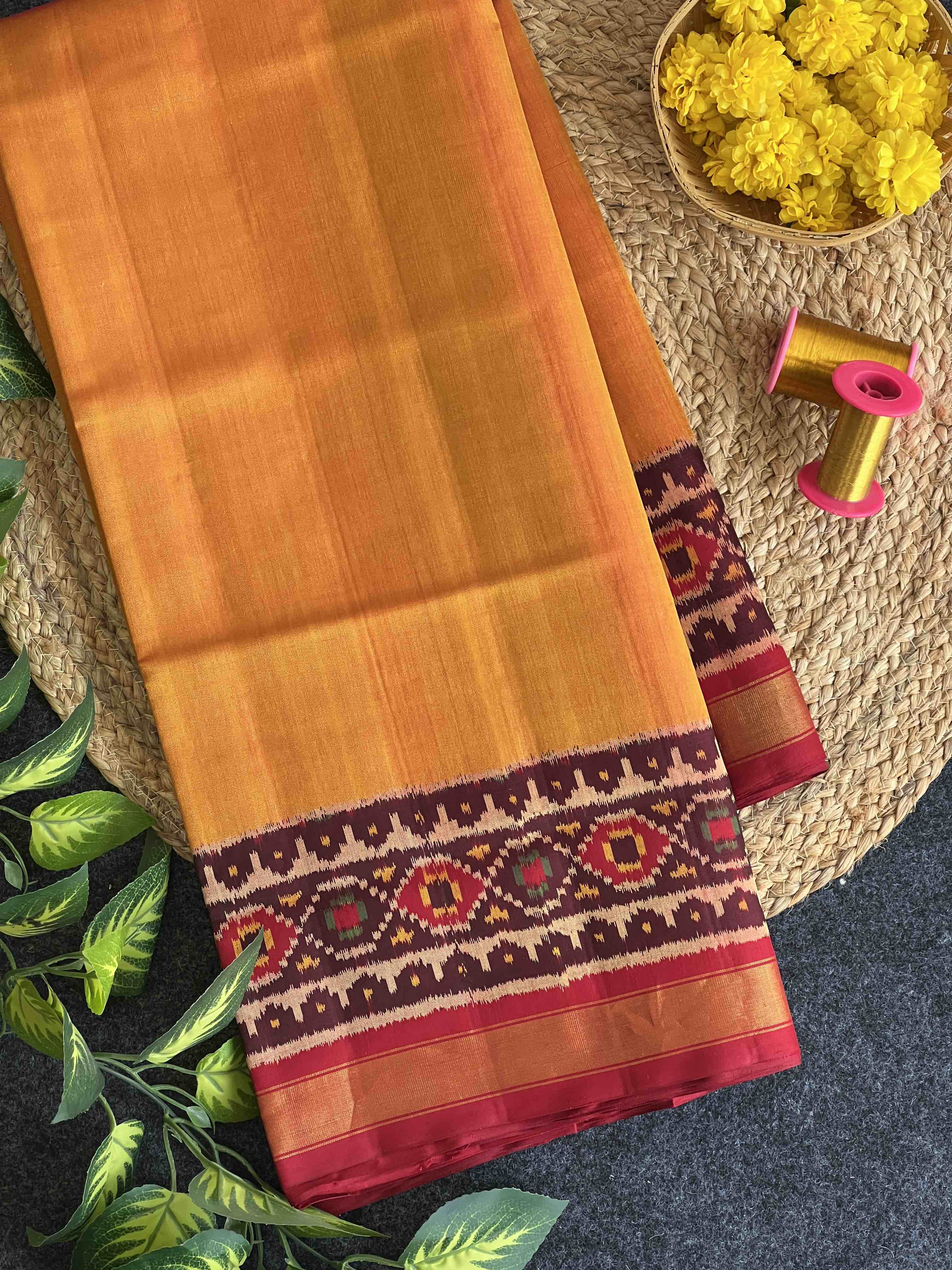 Mustard Plain Gala Border Handwoven Patola Silk Saree Main image