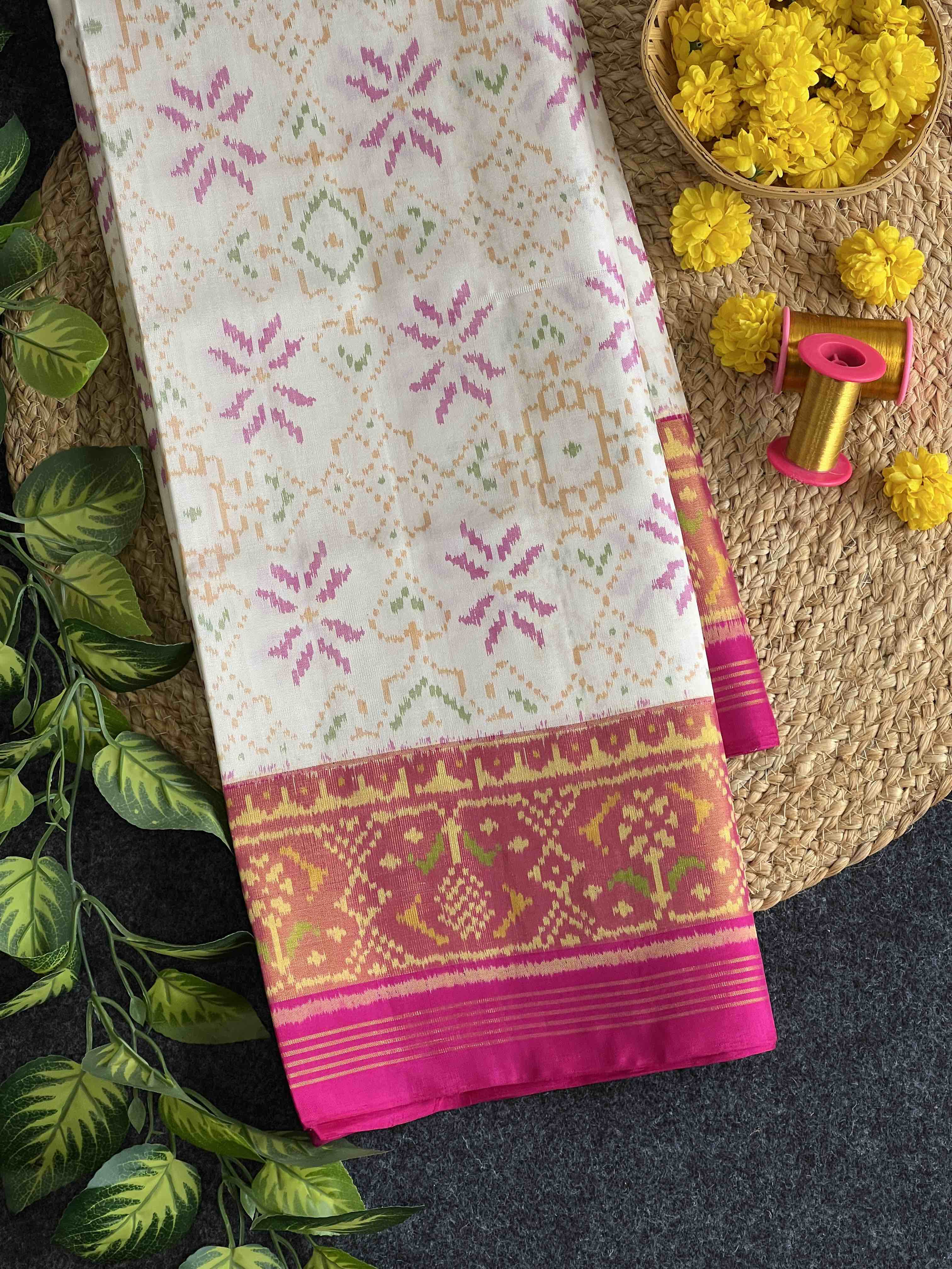 White Color Fancy Design Handwoven Patola Silk Saree Main image
