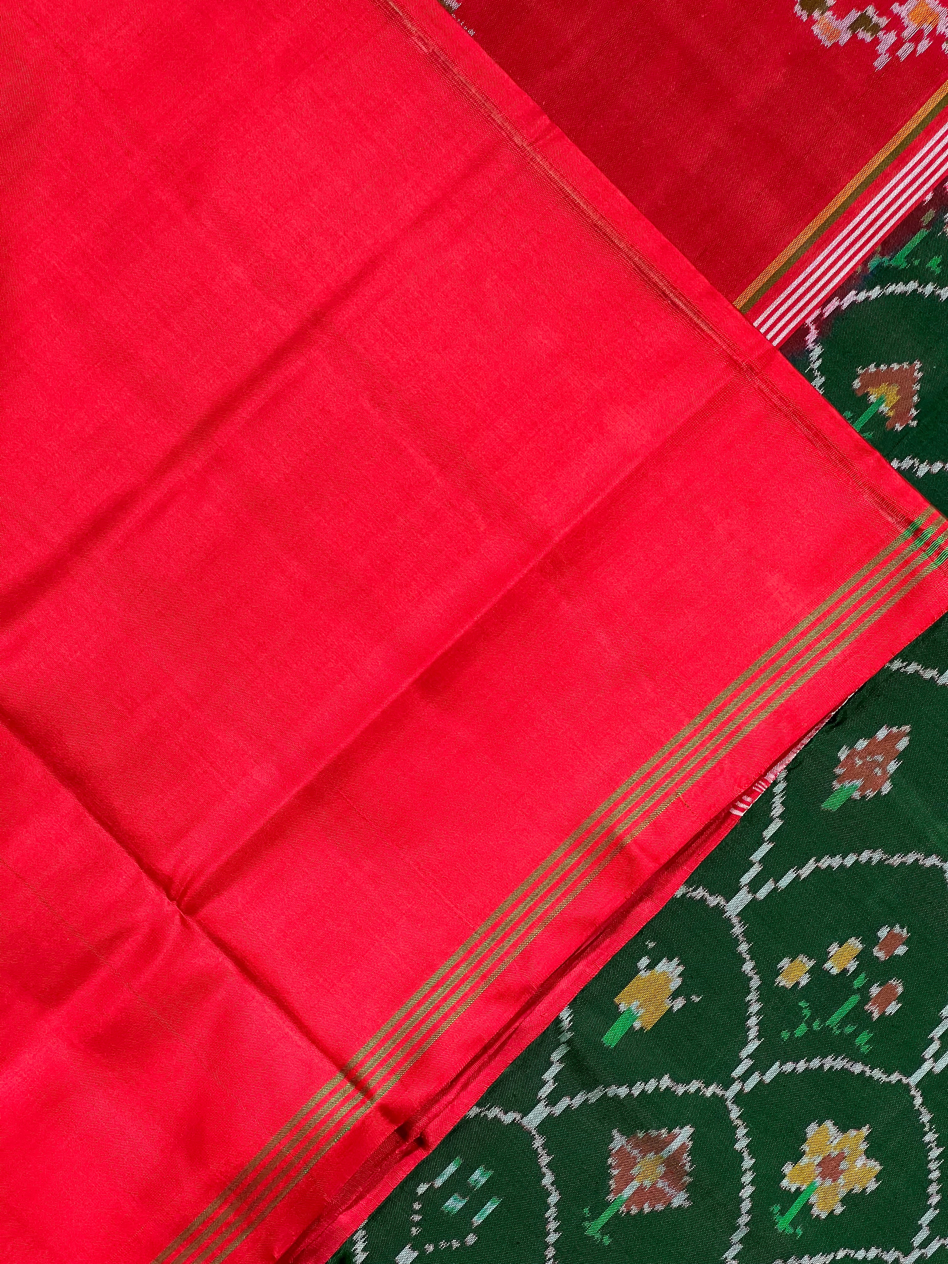 Red-Green Fancy Design Handwoven Patola Silk Saree