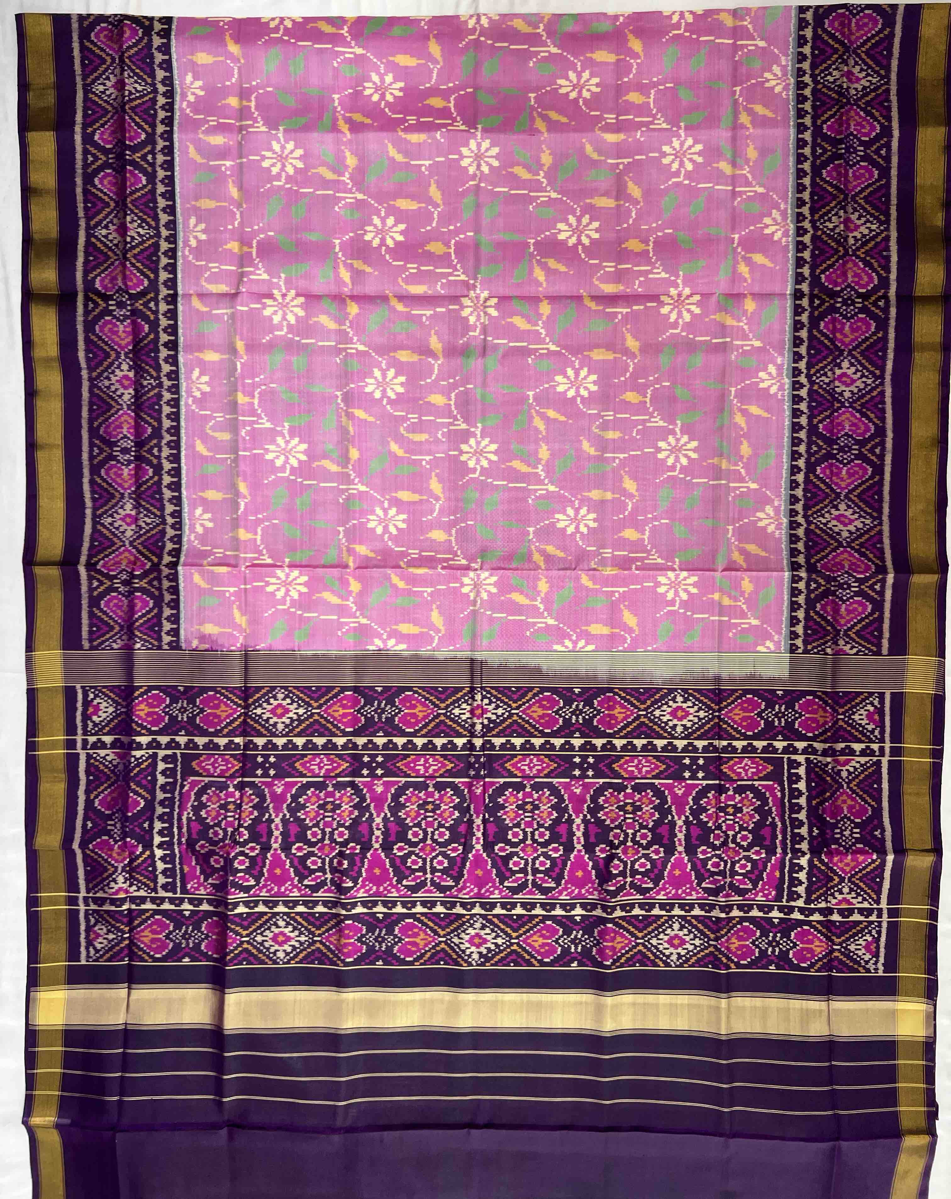 Baby-pink and purple Fancy Design Handwoven Patola Silk Saree Secondary image