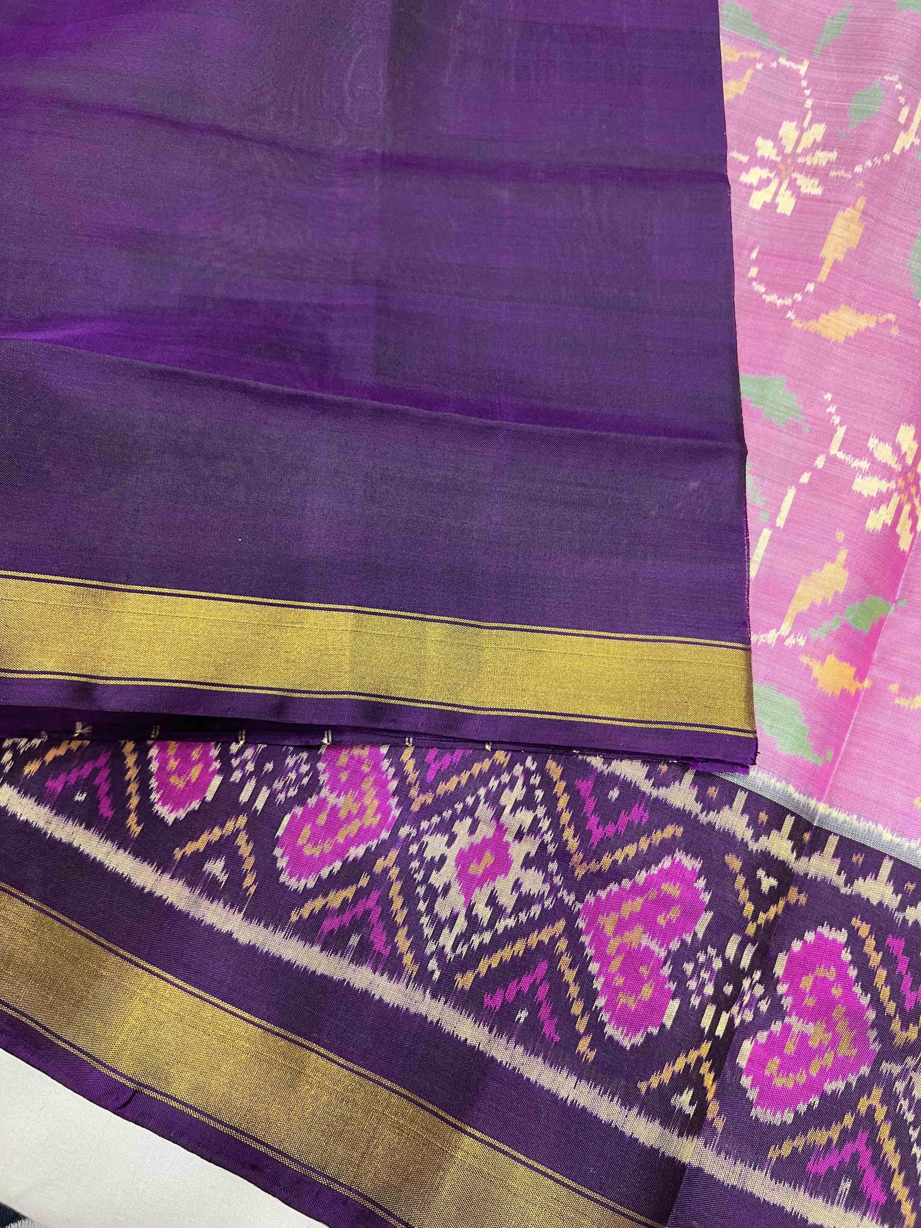 Baby-pink and purple Fancy Design Handwoven Patola Silk Saree