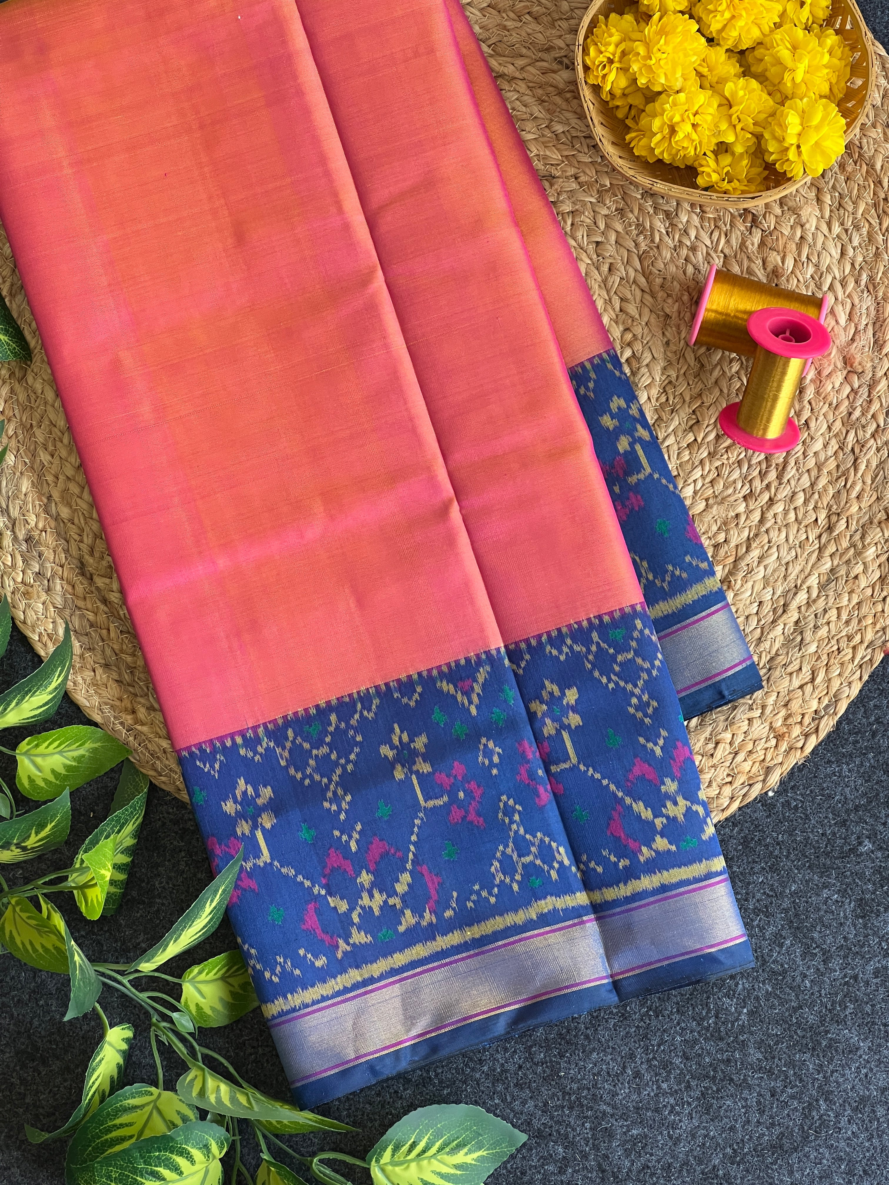 Handwoven Patola Silk Saree Plain Gala Border