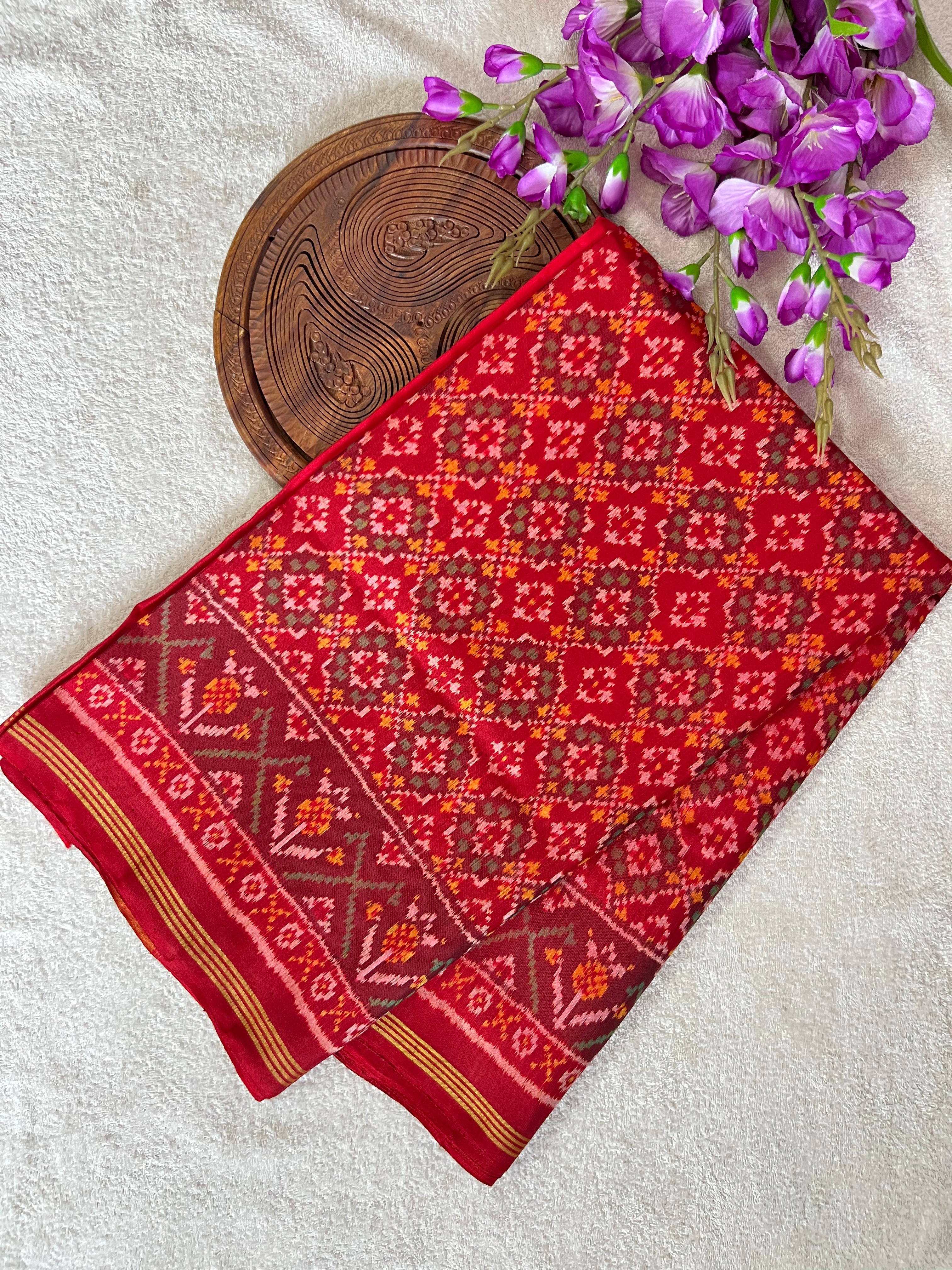 Handwoven Patola Silk Saree Button Ful Red