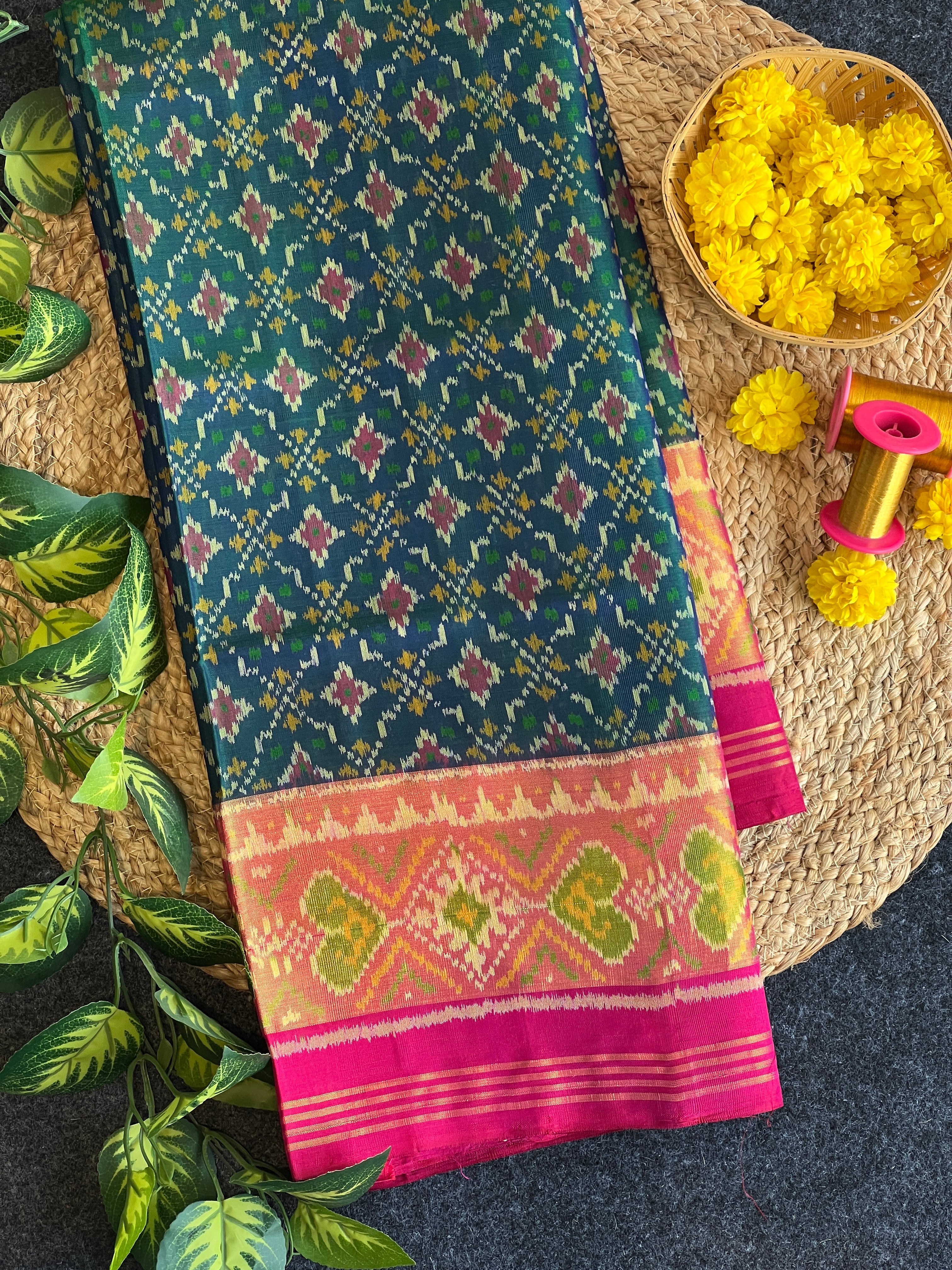 Green Shaded Button Fool Design Patola Silk Saree