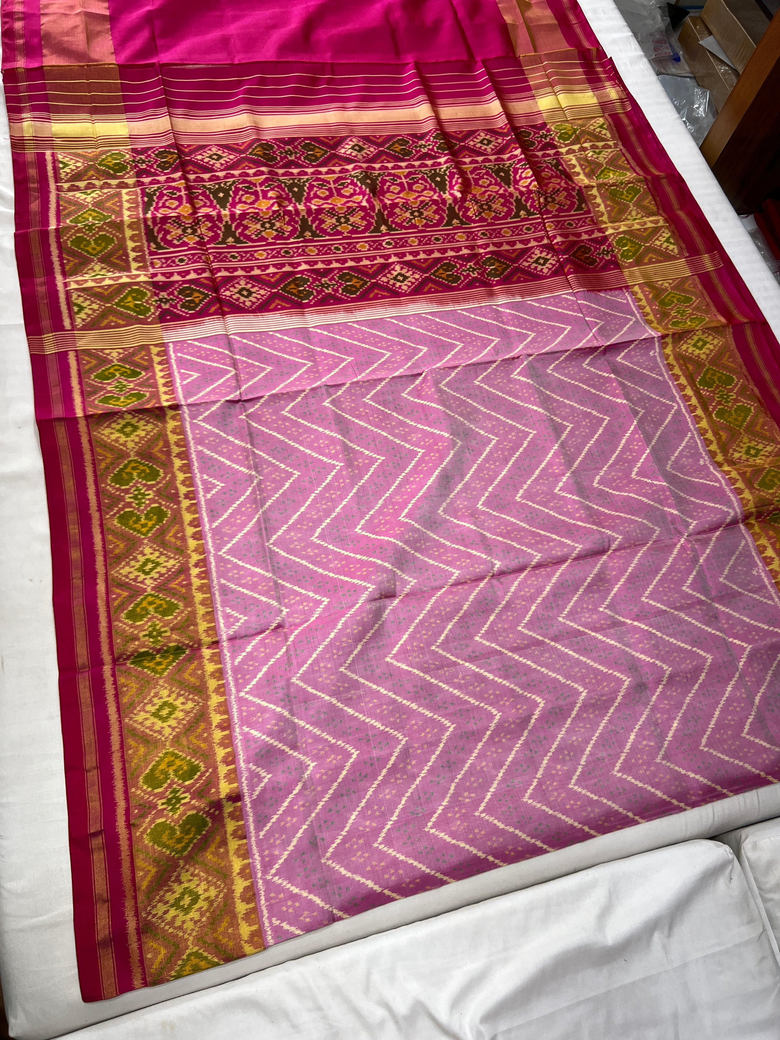 Baby Pink Laheriya Design Patola Silk Saree