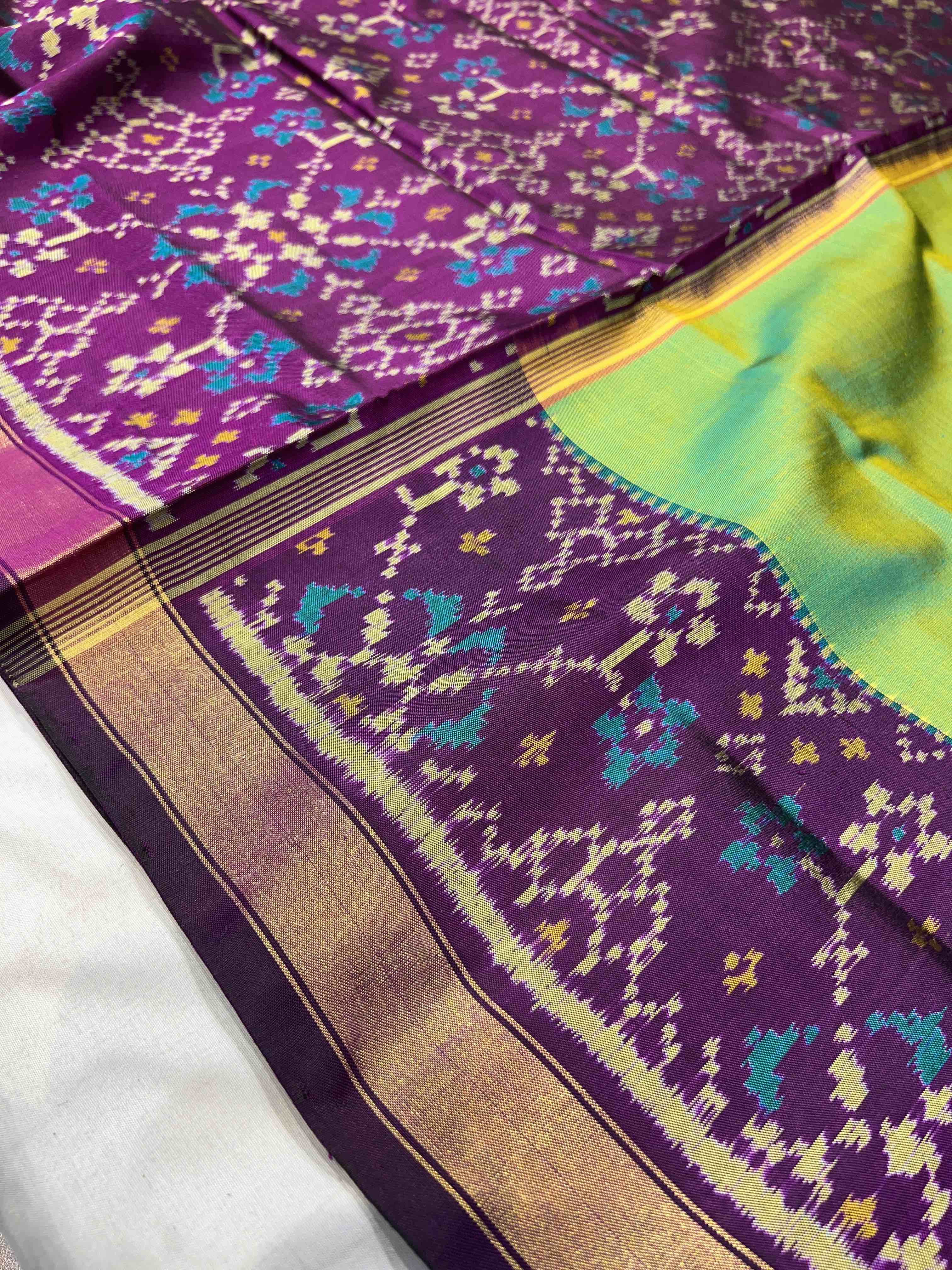 Handwoven Patola Silk Saree Plain Gala Border Green Body