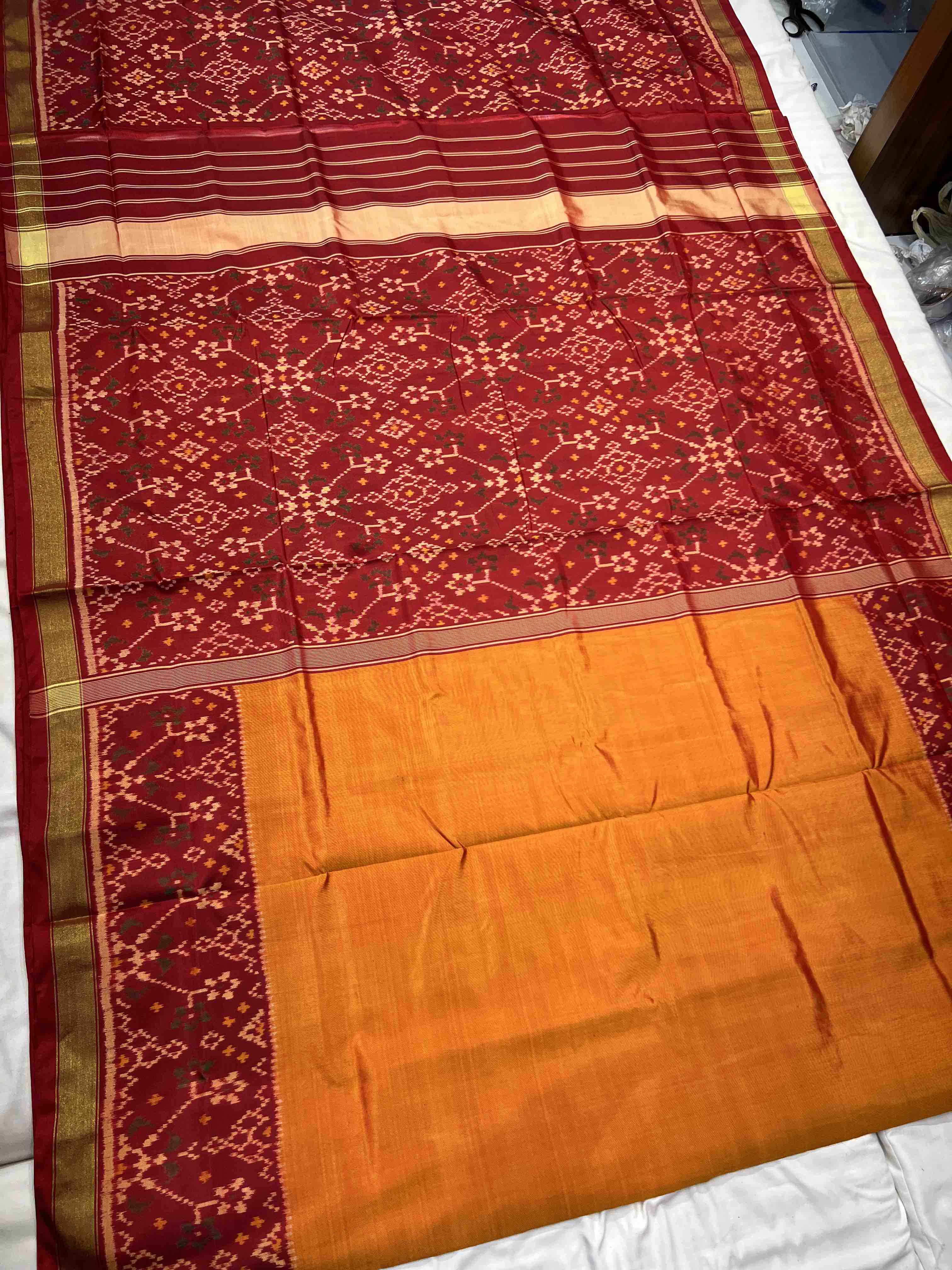 Handwoven Patola Silk Saree Plain Gala Border Mustard Yellow Secondary image
