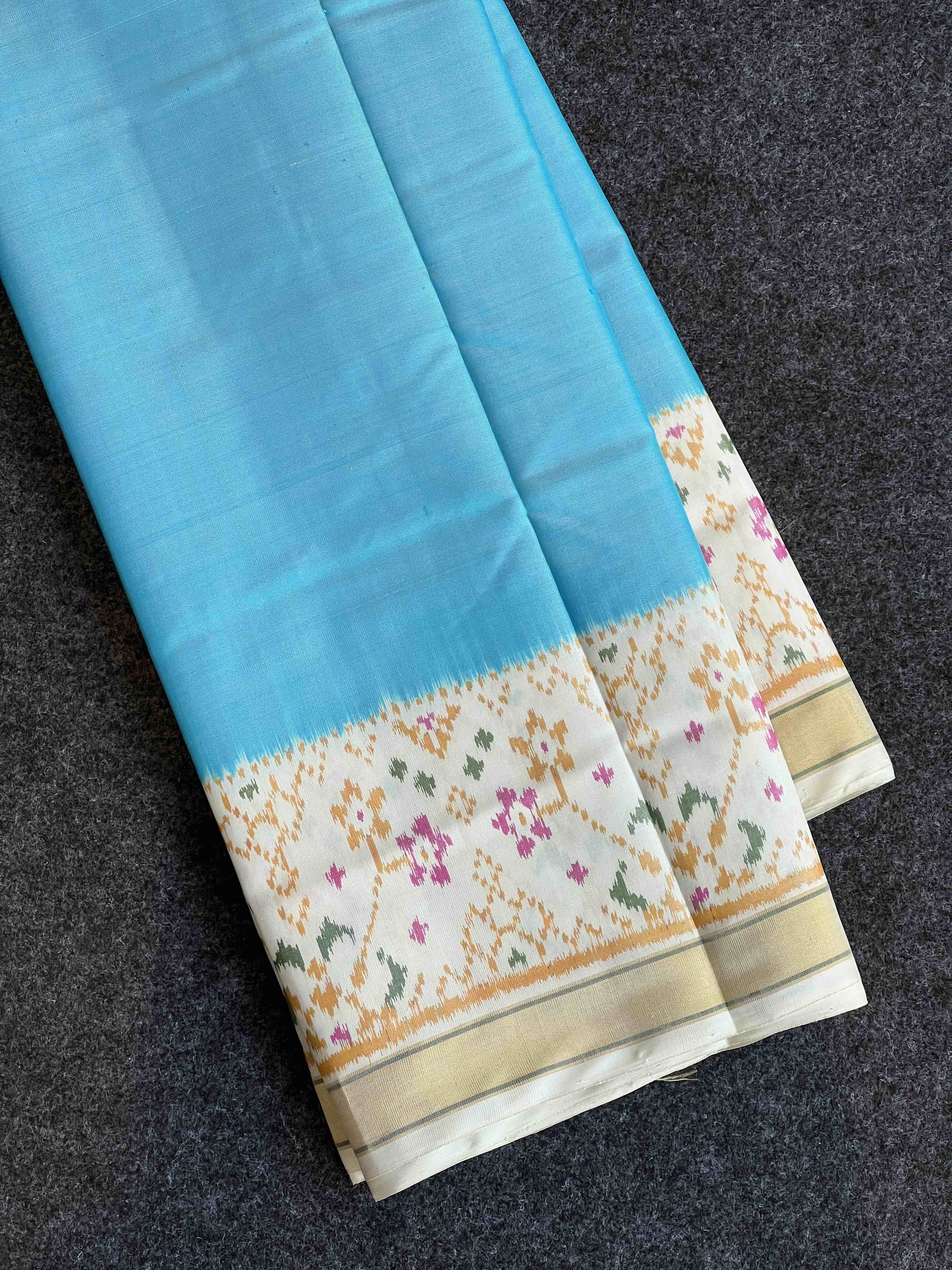 Handwoven Patola Silk Saree Plain Gala Border SkyBlue Body