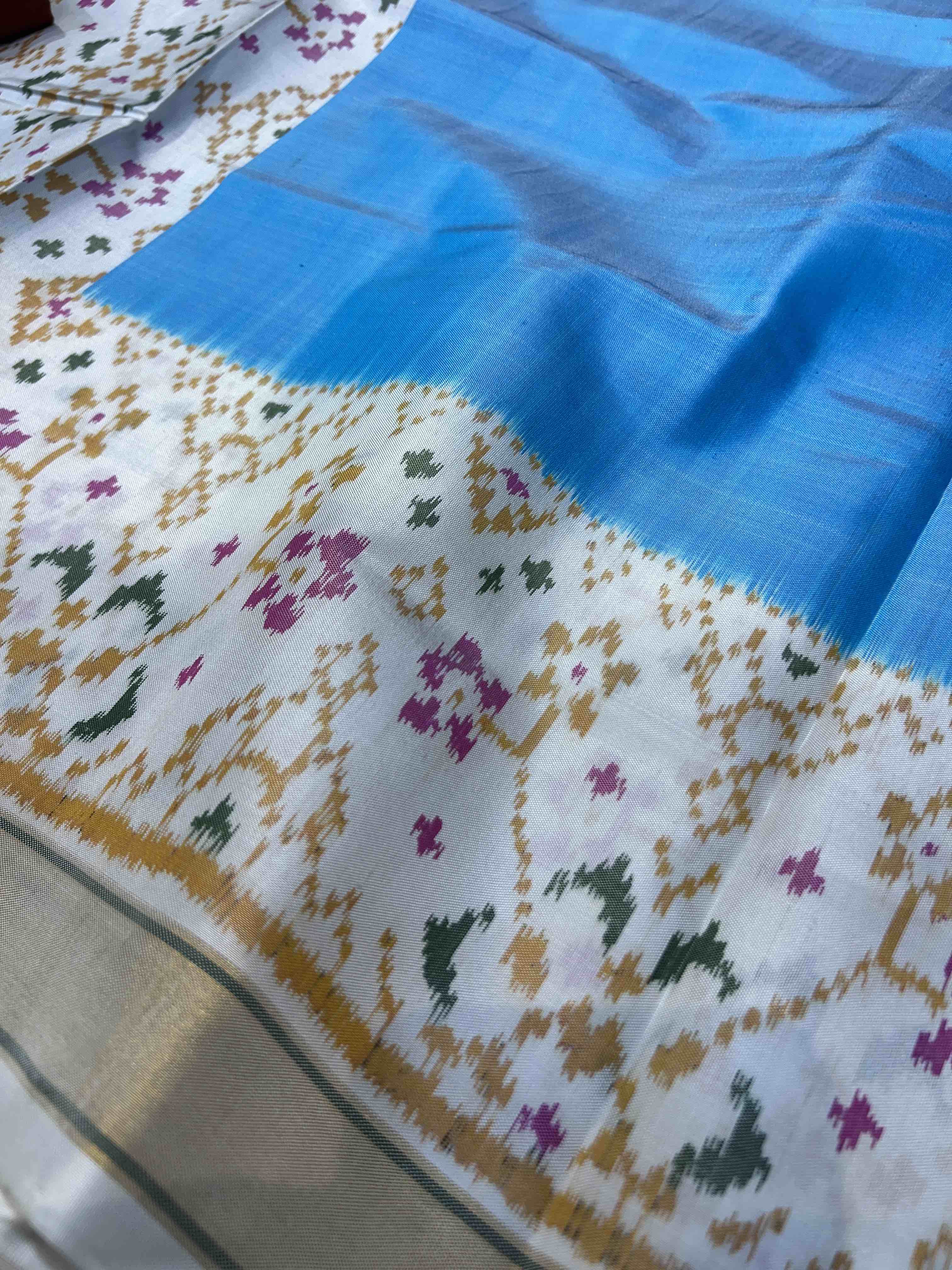 Handwoven Patola Silk Saree Plain Gala Border SkyBlue Body Secondary image