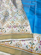 Handwoven Patola Silk Saree Plain Gala Border SkyBlue Body