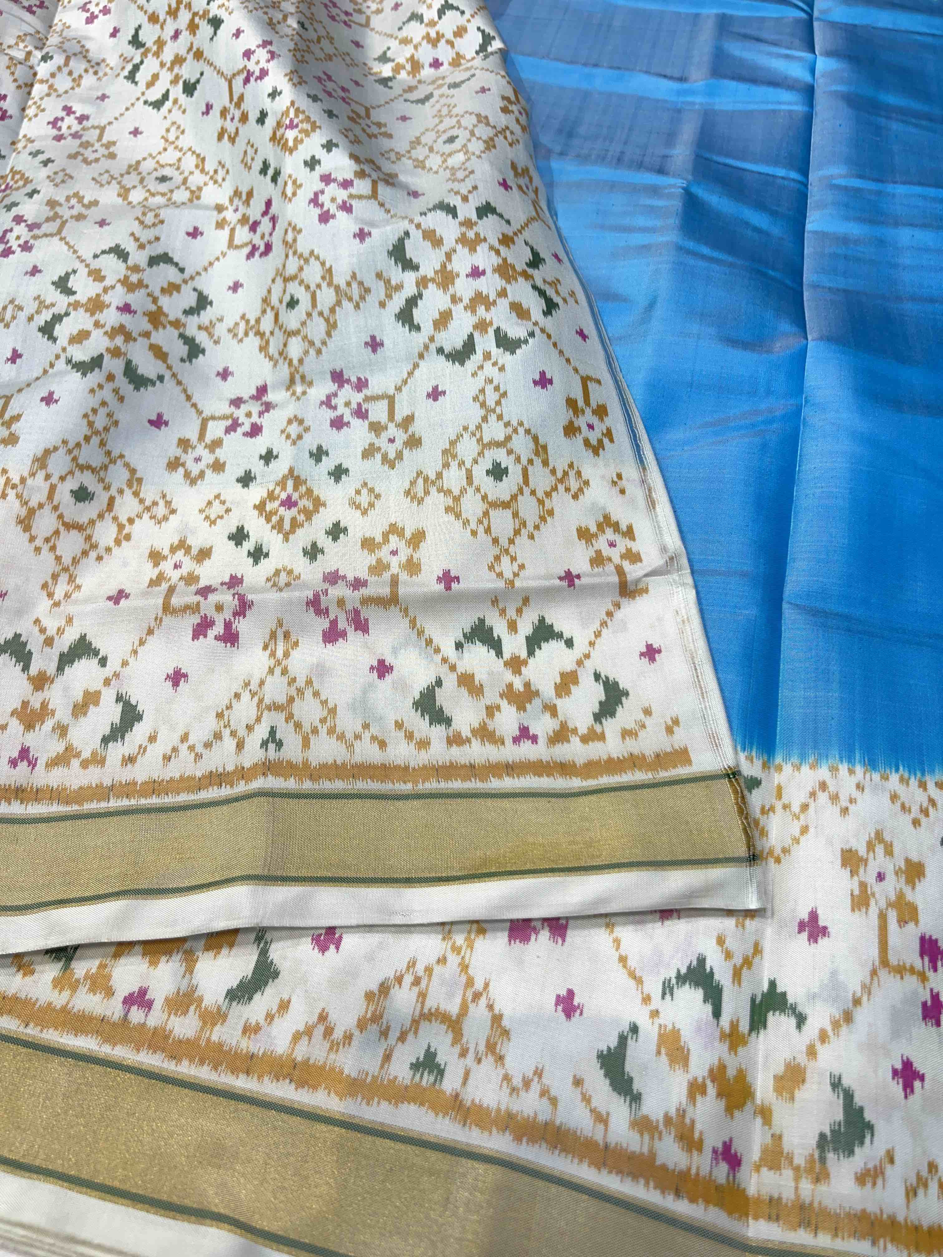 Handwoven Patola Silk Saree Plain Gala Border SkyBlue Body