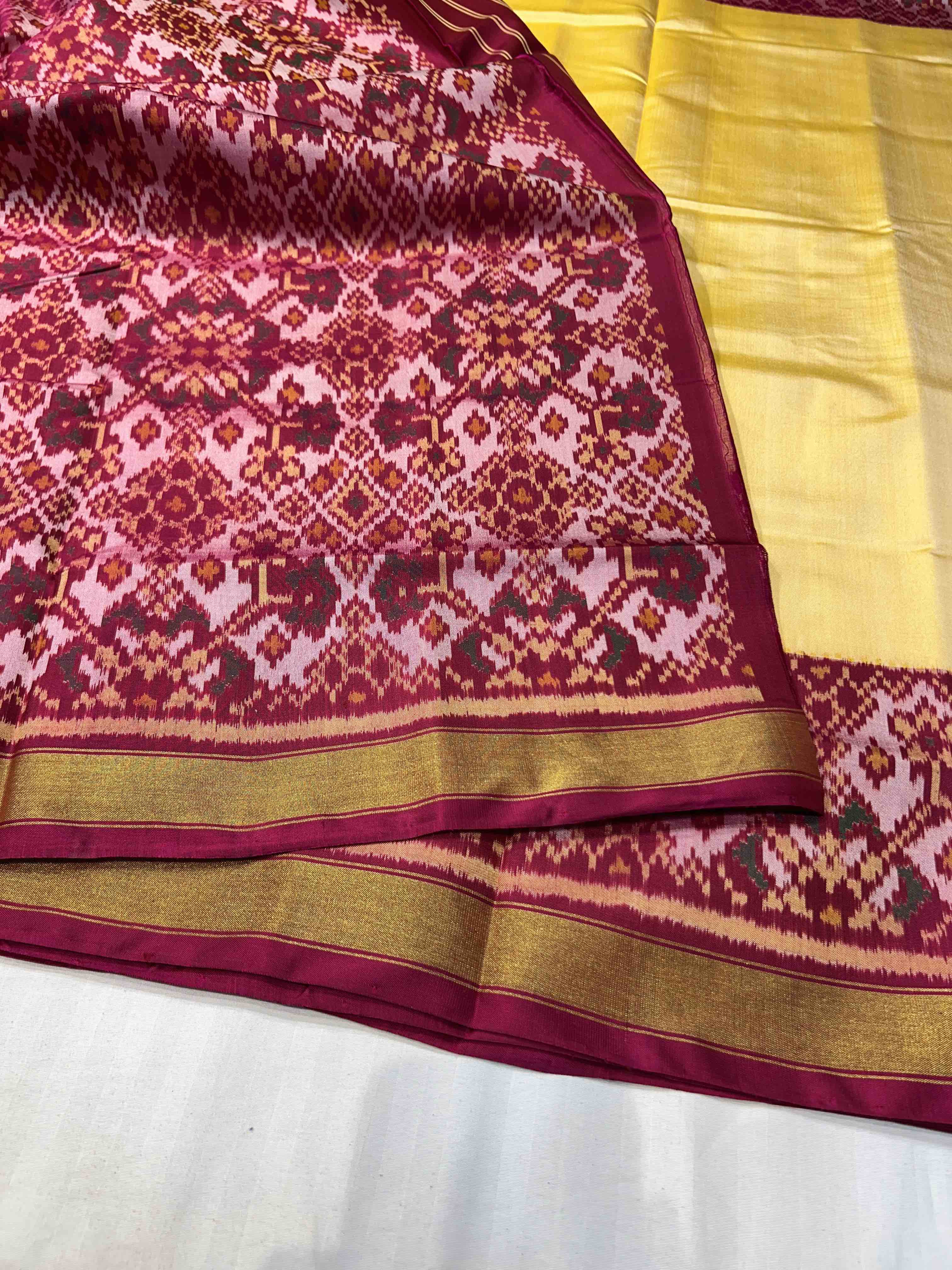 Handwoven Patola Silk Saree Plain Gala Border Cream Body