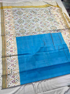 Handwoven Patola Silk Saree Plain Gala Border SkyBlue Body