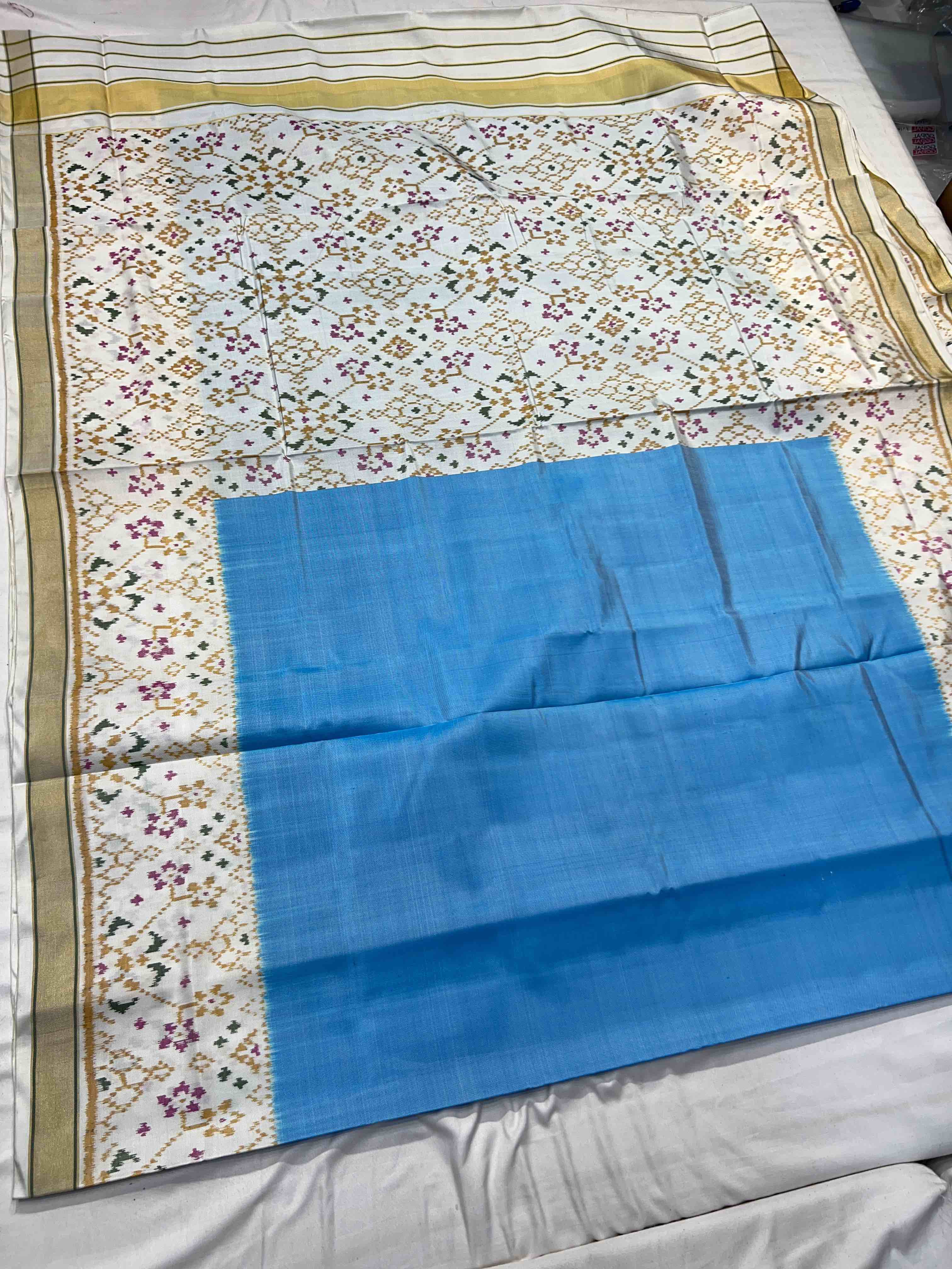 Handwoven Patola Silk Saree Plain Gala Border SkyBlue Body