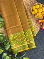 Handwoven Patola Silk Saree Plain Gala Border Mahendi Color