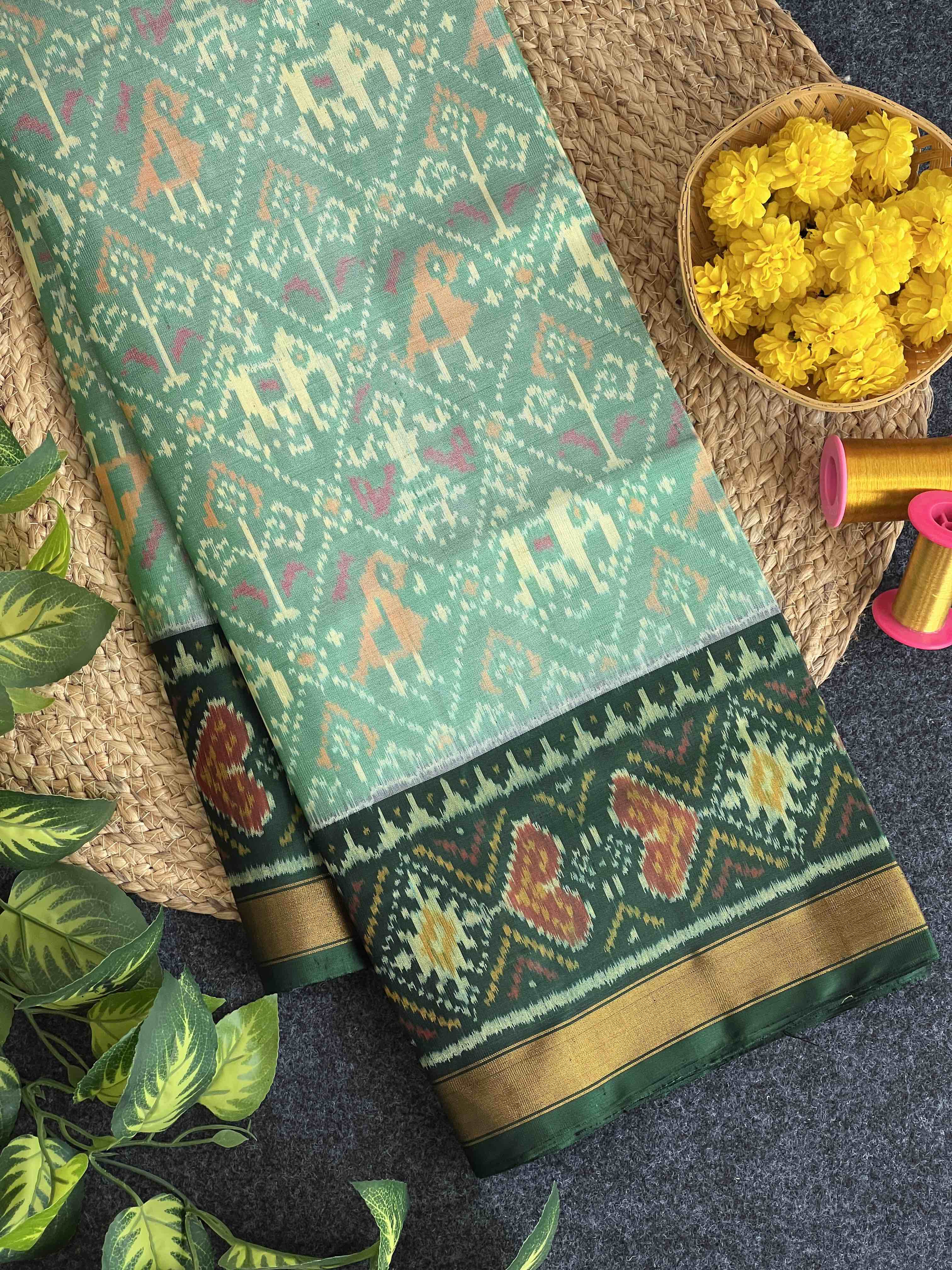 Handwoven Patola Silk Saree Narikunjan Light Green