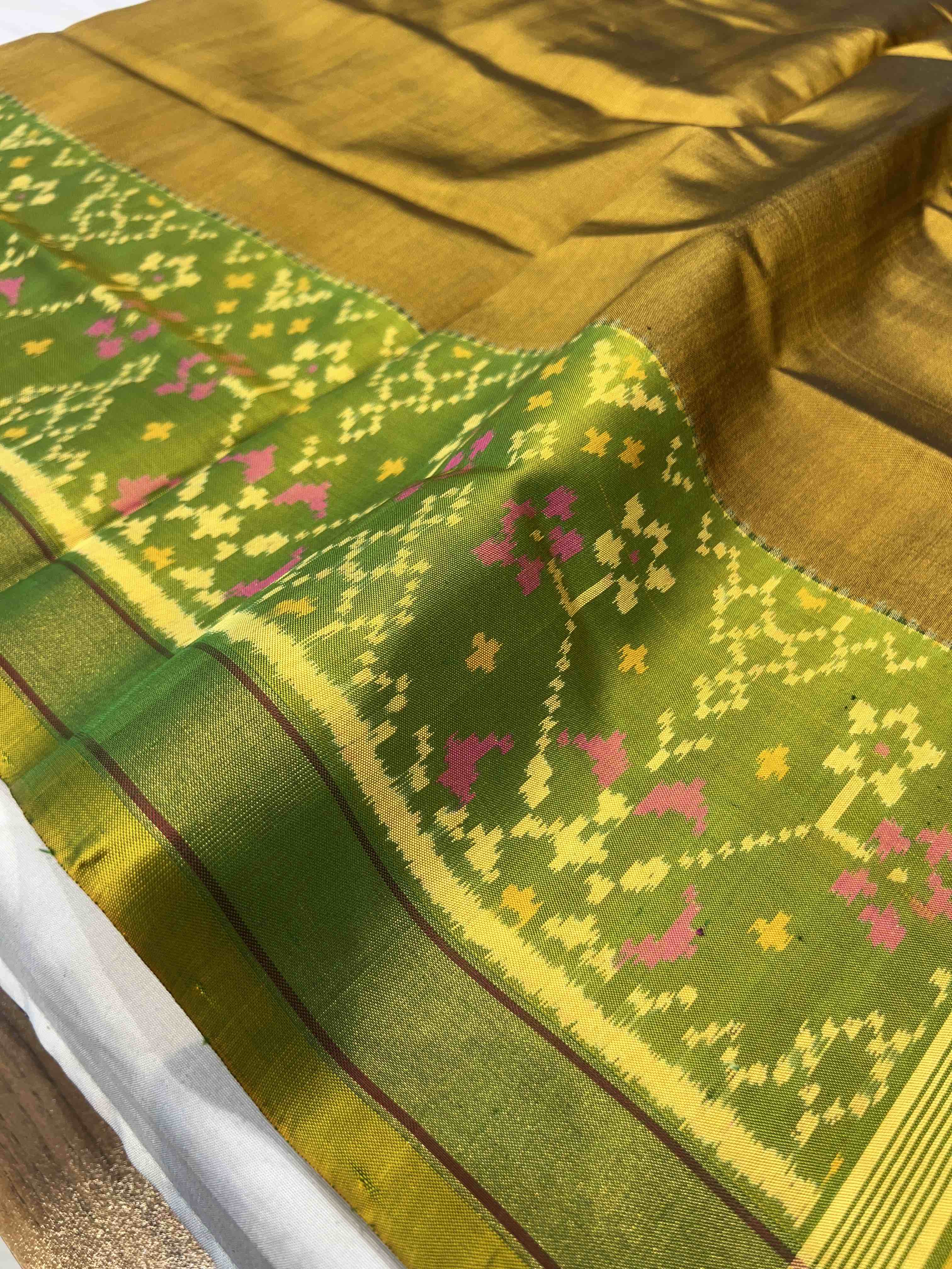 Handwoven Patola Silk Saree Plain Gala Border Mahendi Color