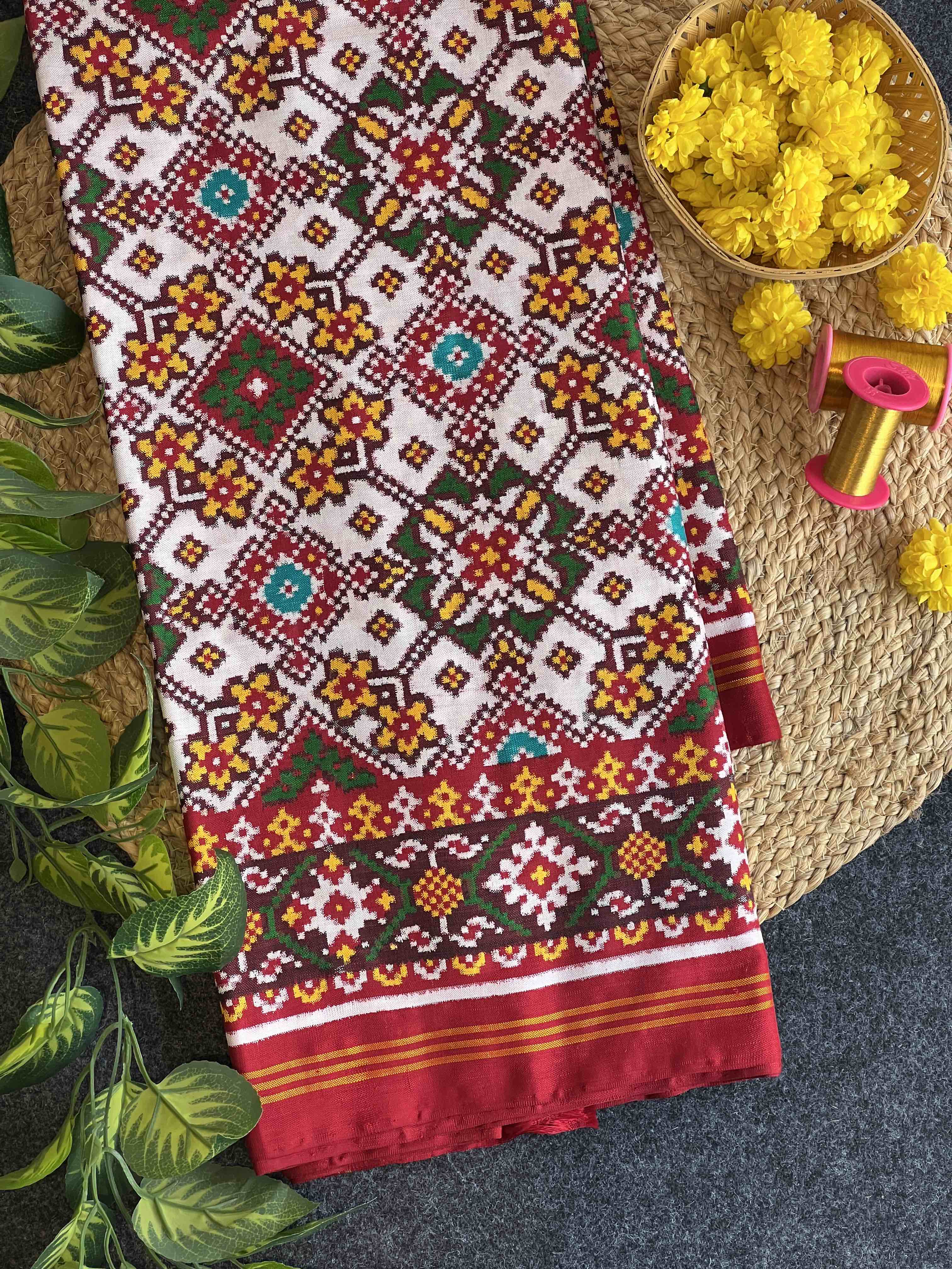 Handwoven Double Ikat Patola Silk Saree White Navratna Main image