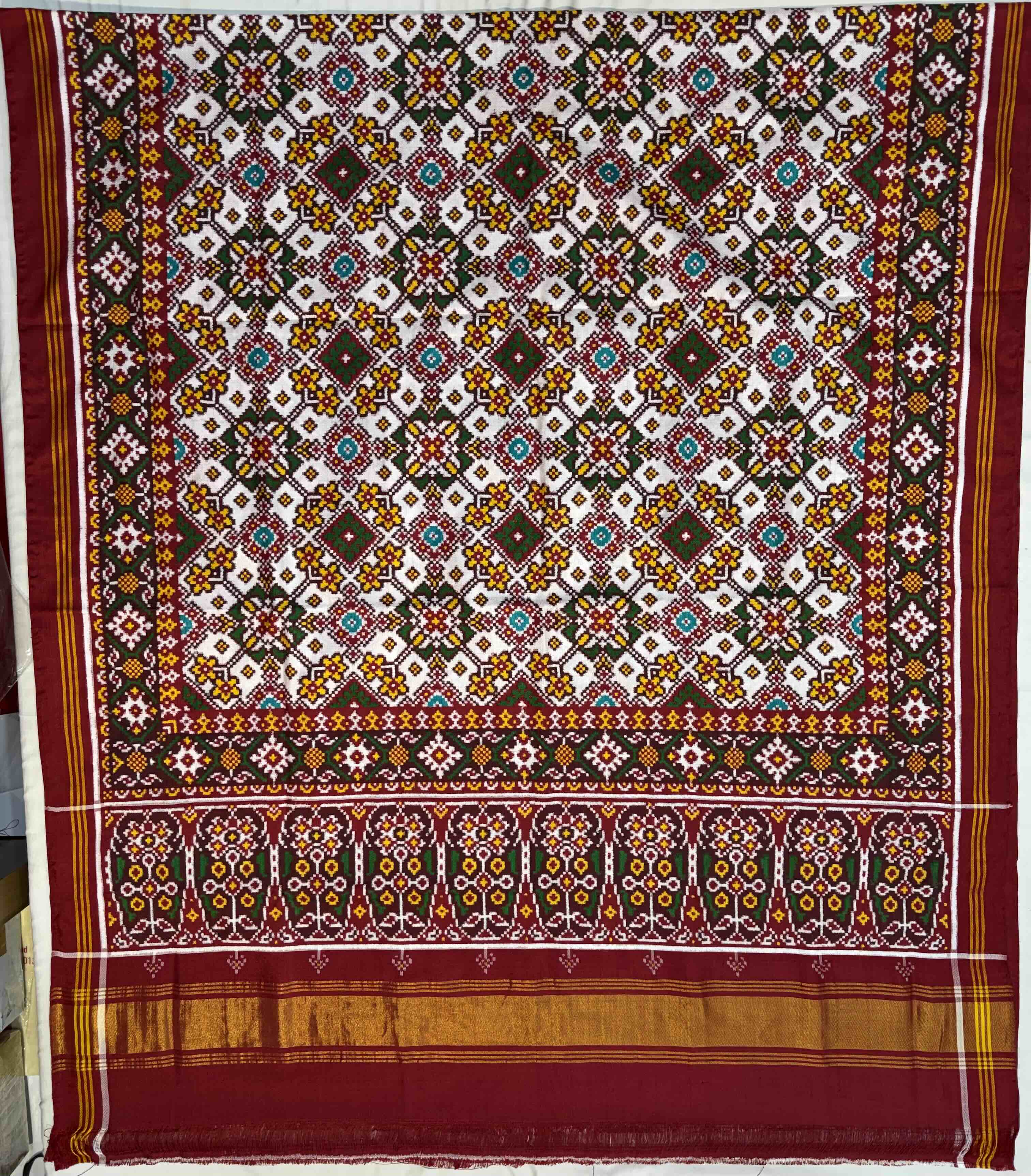 Handwoven Double Ikat Patola Silk Saree White Navratna